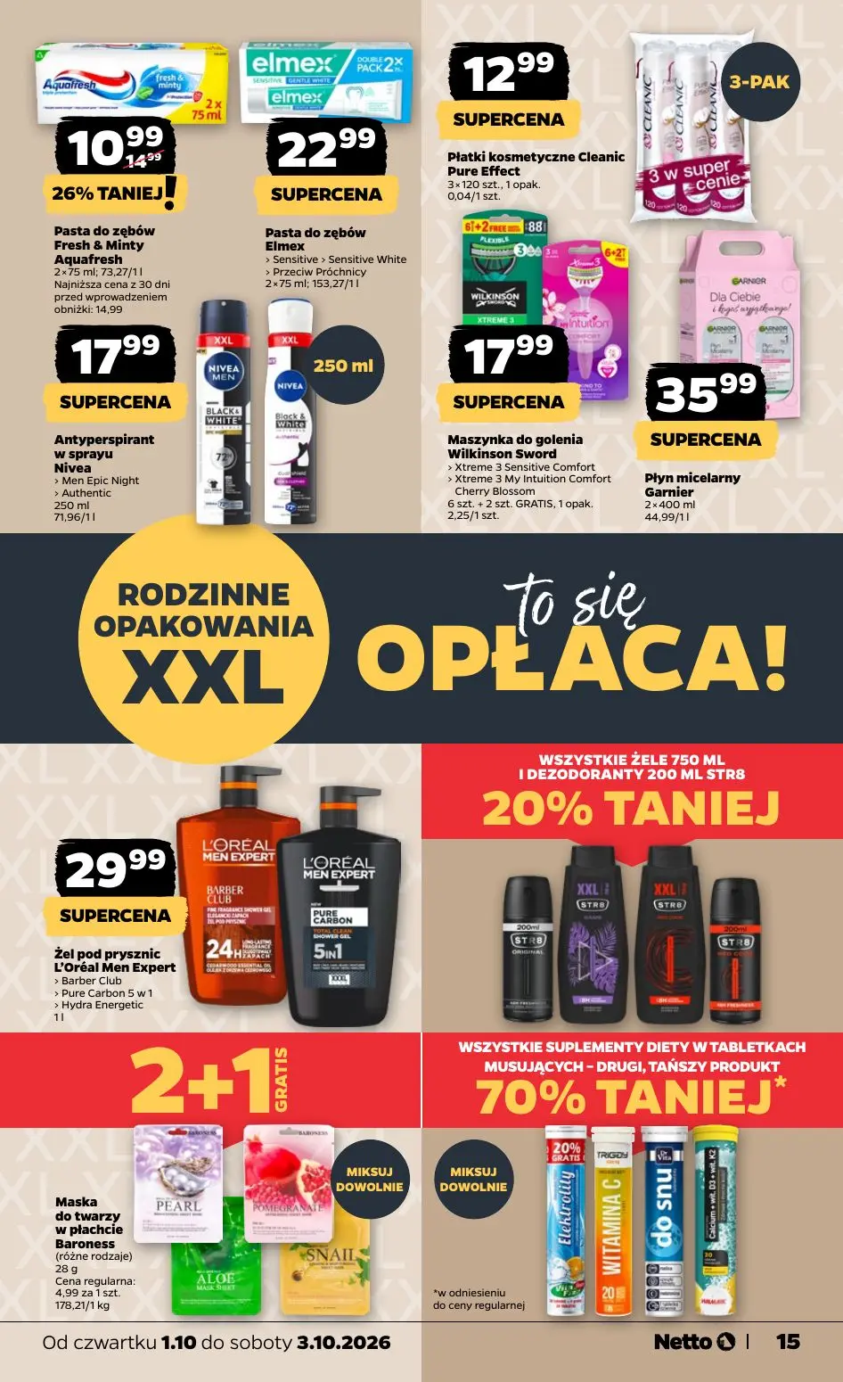 NETTO gazetka, strona 15 z 20 — Pasta do zębów Fresh & Minty Aquafresh, Pasta do zębów Elmex, Płatki kosmetyczne Cleanic Pur…