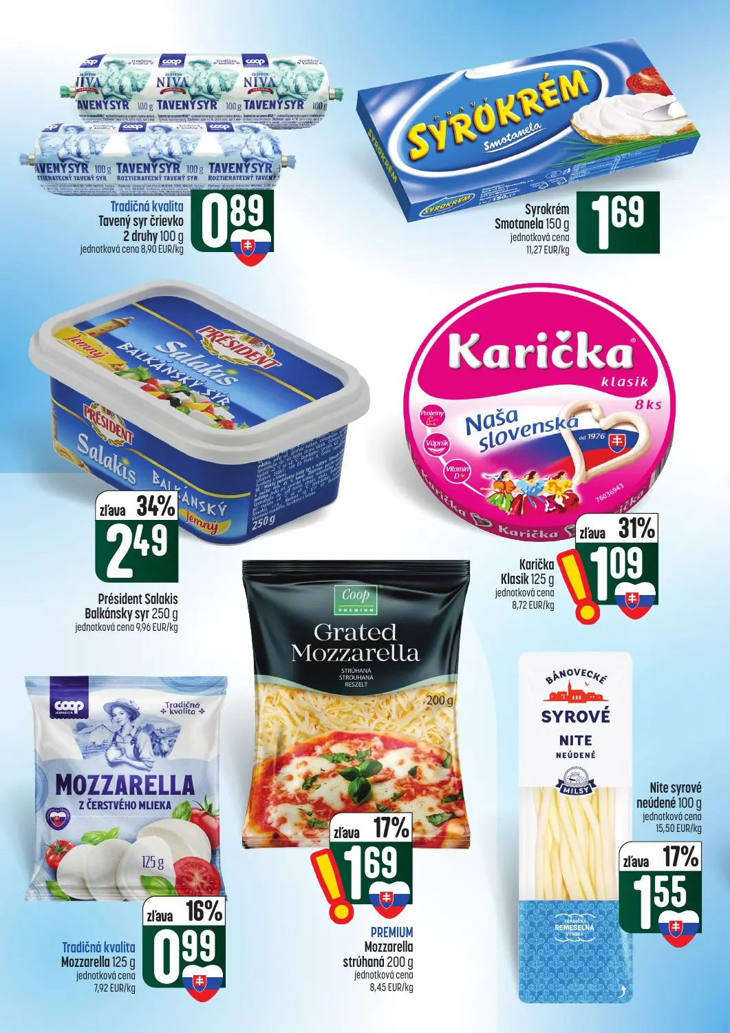 Coop Tempo leták, strana 20 z 62 — Président Salakis Balkánsky syr, Karička Klasik, PREMIUM Mozzarella strúhaná