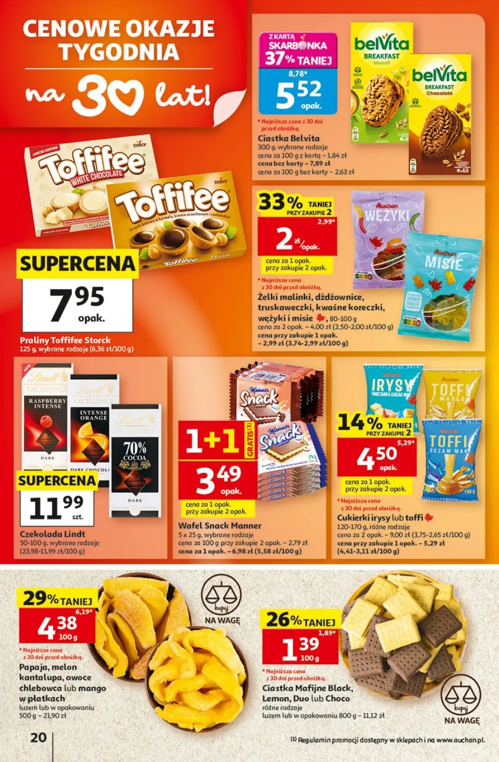 Auchan gazetka, strona 20 z 49 — Ciastka Belvita, Papaja, melon kantalupa, owoce chlebowca lub mango w płatkach, Żelki malin…