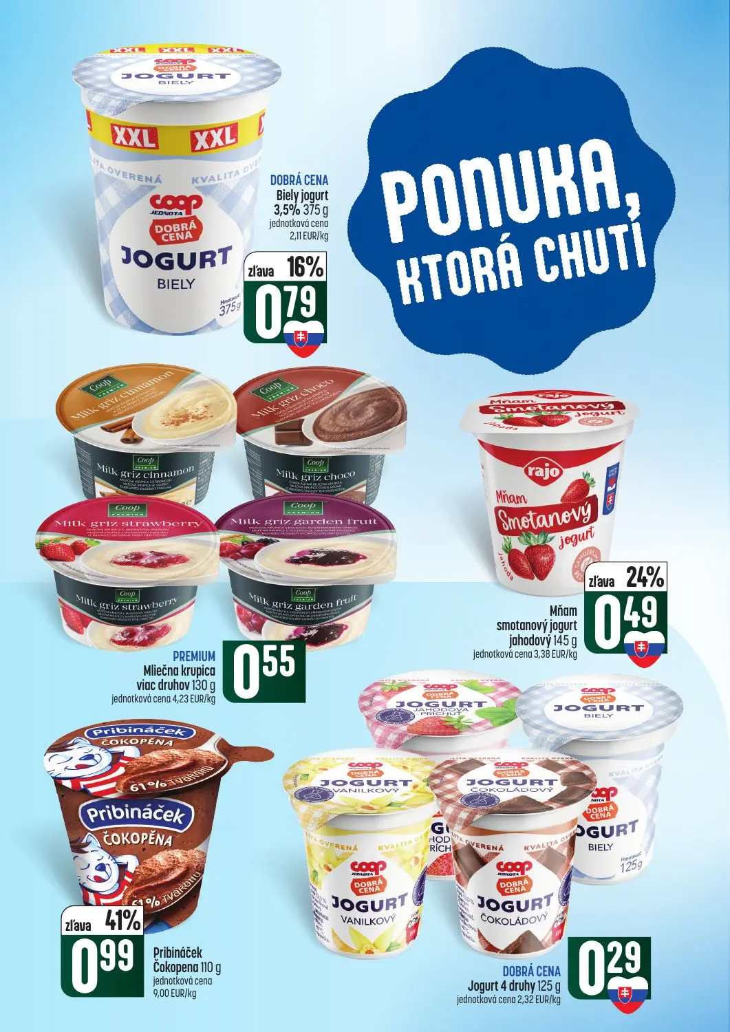 Coop Tempo leták, strana 22 z 62 — Pribináček Čokopena, Biely jogurt 3,5%, Mňam smotanový jogurt jahodový