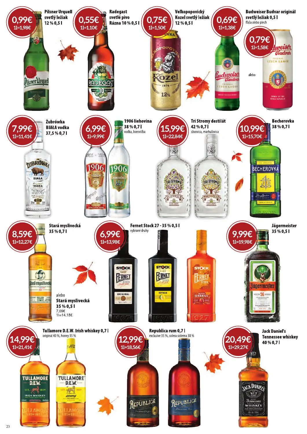 Cba Komfos leták, strana 23 z 32 — Budweiser Budvar originál svetlý ležiak, Pilsner Urquell svetlý ležiak 12%, Radegast svet…