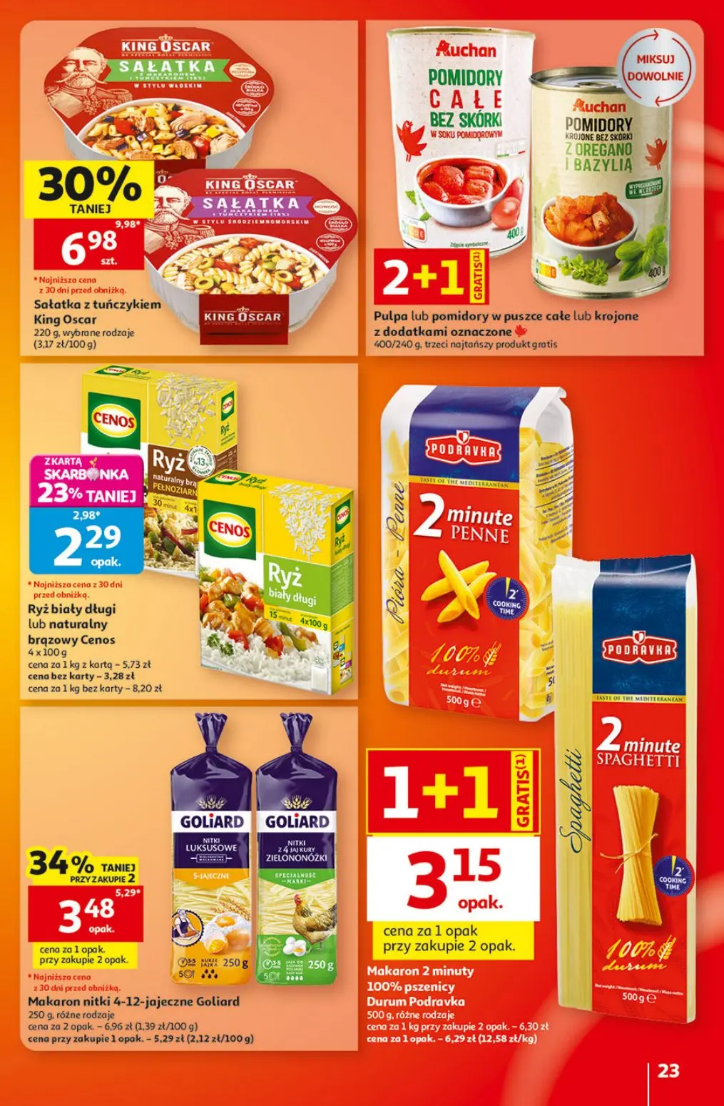 Auchan gazetka, strona 23 z 49 — Sałatka z tuńczykiem King Oscar, Makaron nitki 4-12-jajeczne Goliard, Ryż biały długi lub n…