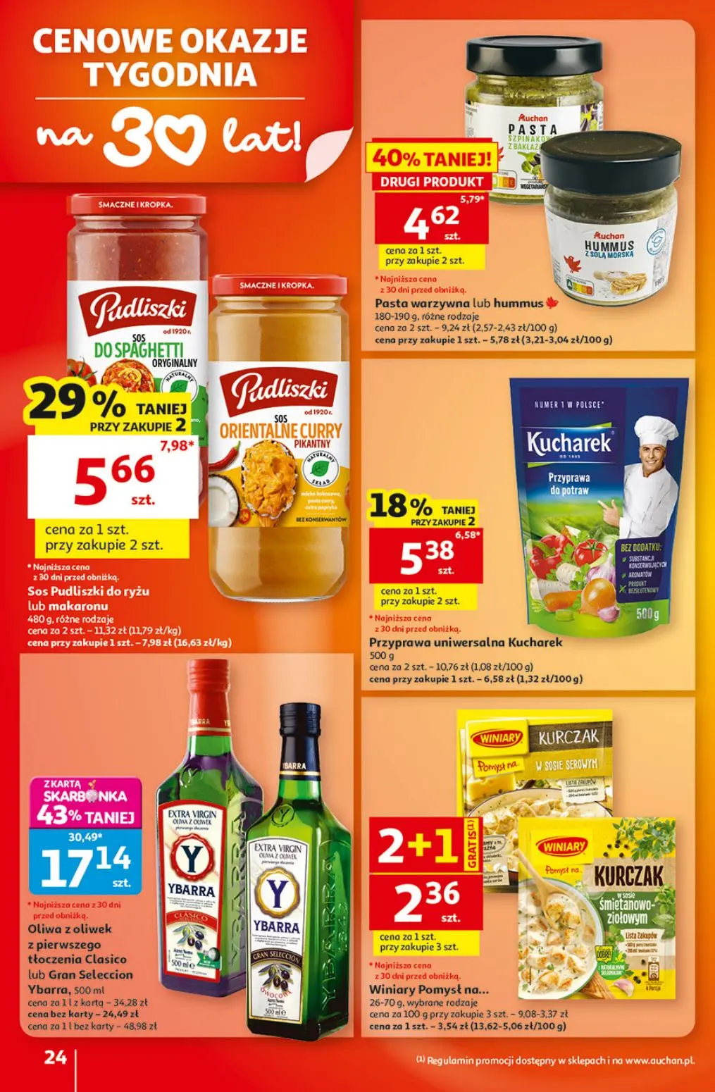 Auchan gazetka, strona 24 z 49 — Oliwa z oliwek z pierwszego tłoczenia Clasico lub Gran Seleccion Ybarra, Sos Pudliszki do r…