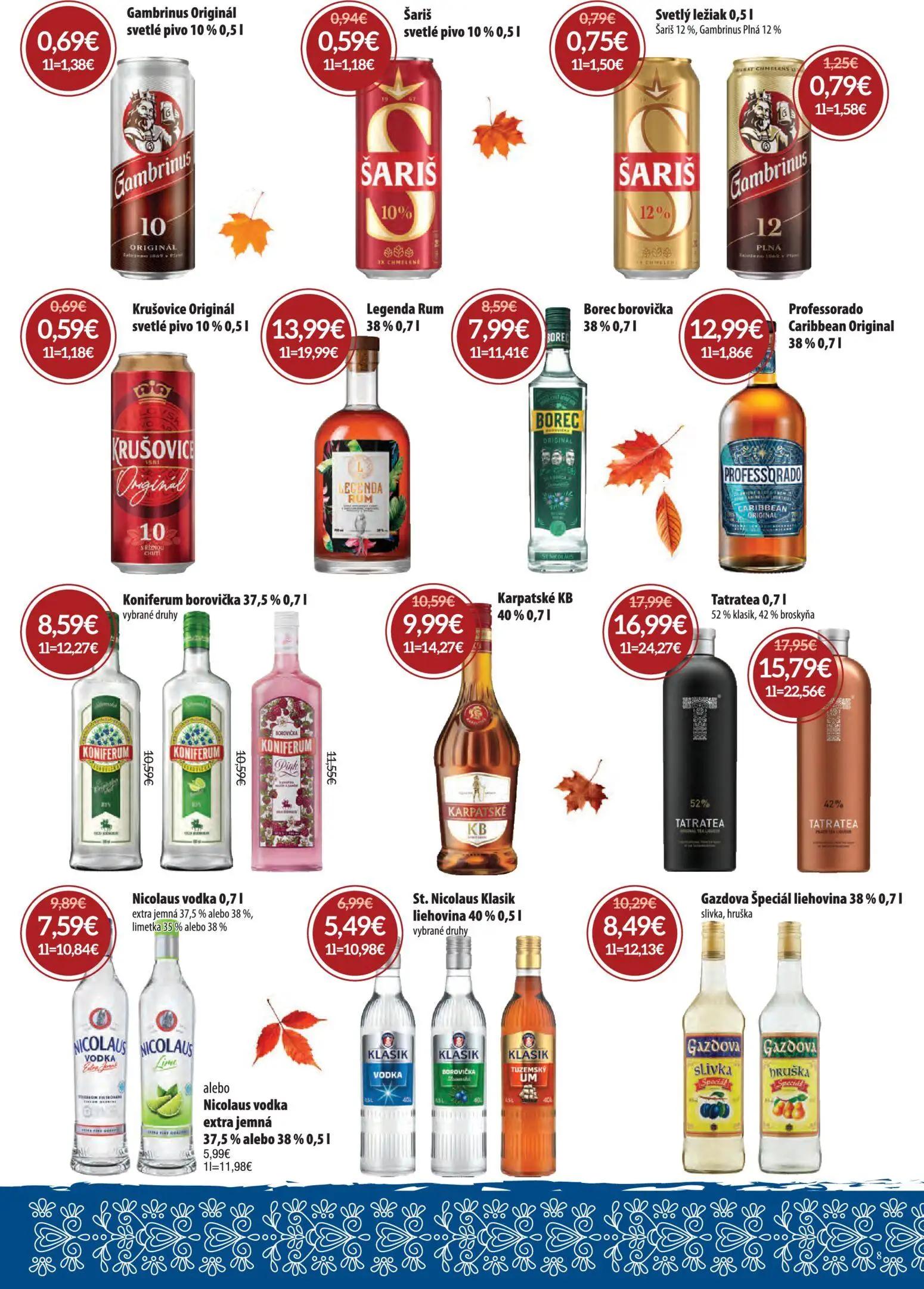 Nitrazdroj leták, strana 8 z 32 — Nicolaus vodka extra jemná 37,5% alebo 38%, limetka 35% alebo 38%, Tatratea 0,7 l 42 % bro…