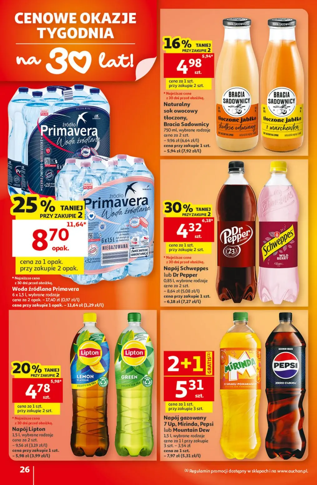 Auchan gazetka, strona 26 z 49 — Woda źródlana Primavera, Napój gazowany 7 Up, Mirinda, Pepsi lub Mountain Dew, Napój Schwep…