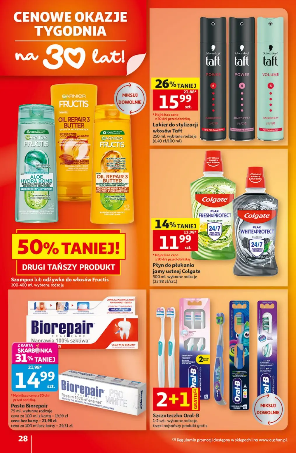 Auchan gazetka, strona 28 z 49 — Pasta Biorepair, Lakier do stylizacji włosów Taft, Płyn do płukania jamy ustnej Colgate