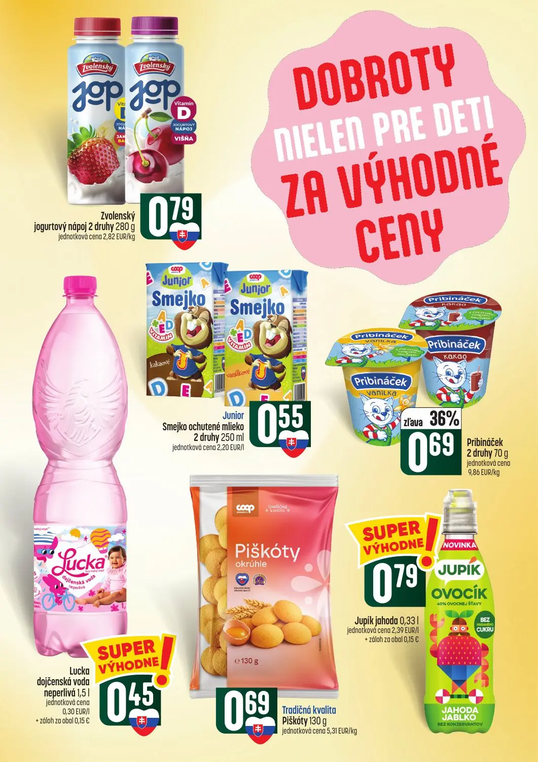 Coop Tempo leták, strana 29 z 62 — Pribináček 2 druhy, Zvolenský jogurtový nápoj 2 druhy, Junior Smejko ochutené mlieko 2 dr…
