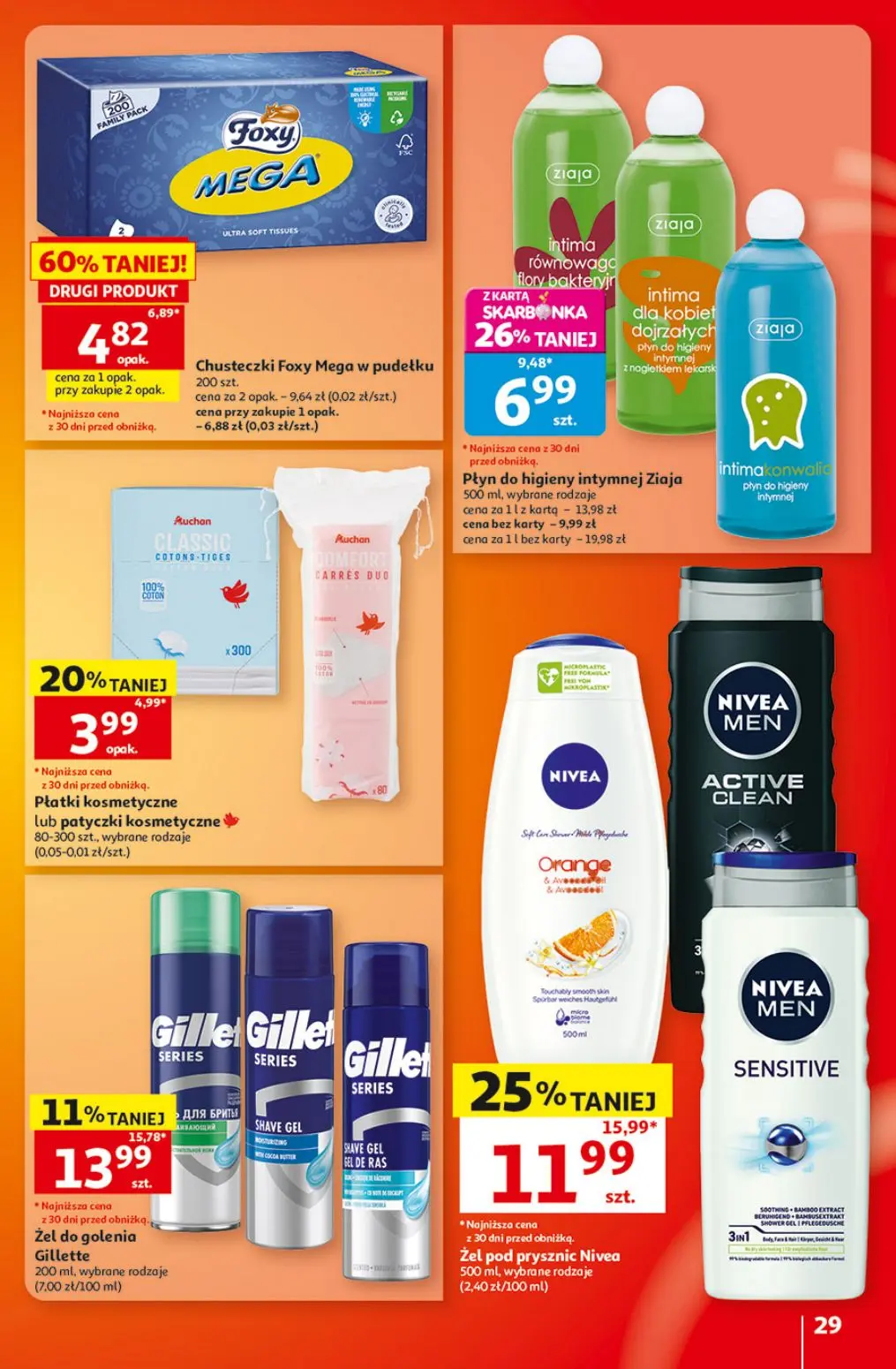 Auchan gazetka, strona 29 z 49 — Żel pod prysznic Nivea, Płyn do higieny intymnej Ziaja, Chusteczki Foxy Mega w pudełku