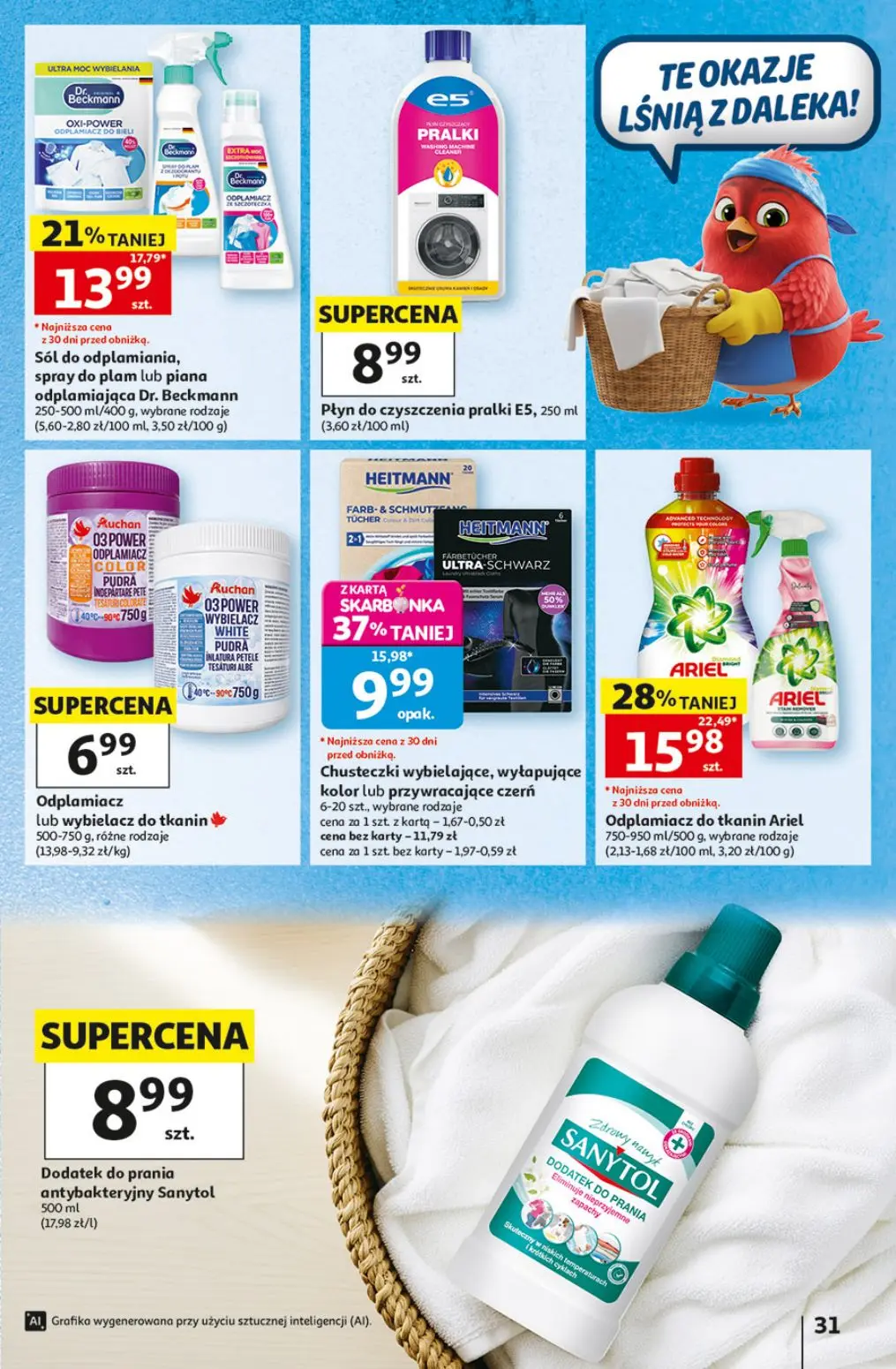 Auchan gazetka, strona 31 z 49 — Odplamiacz do tkanin Ariel, Chusteczki wybielające, wyłapujące kolor lub przywracające czer…