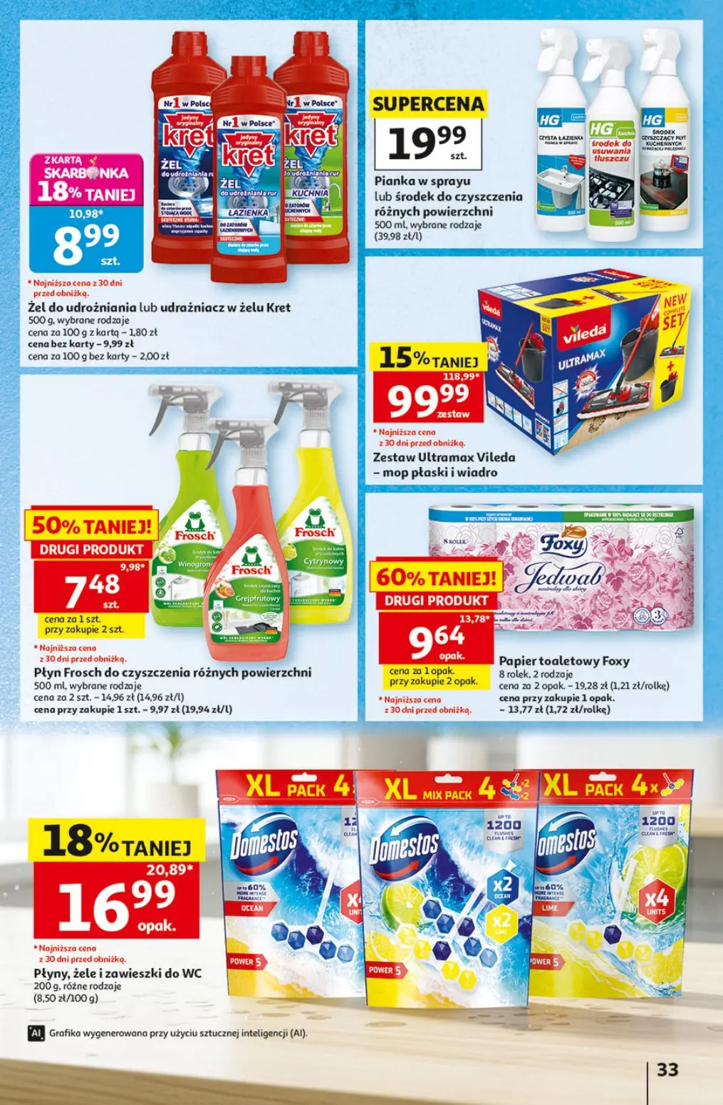 Auchan gazetka, strona 33 z 49 — Zestaw Ultramax Vileda - mop płaski i wiadro, Papier toaletowy Foxy, Płyny, żele i zawieszk…