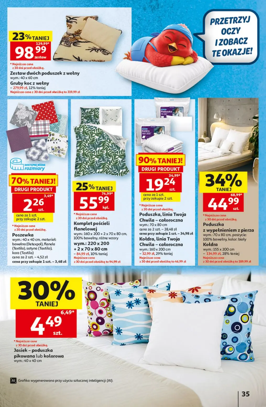 Auchan gazetka, strona 35 z 49 — Kołdra, Gruby koc z wełny, Zestaw dwóch poduszek z wełny