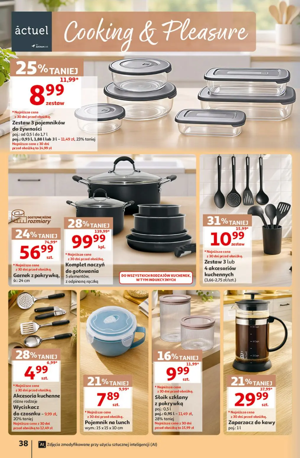 Auchan gazetka, strona 38 z 49 — Komplet naczyń do gotowania, Garnek z pokrywką, śr: 24 cm, Zaparzacz do kawy