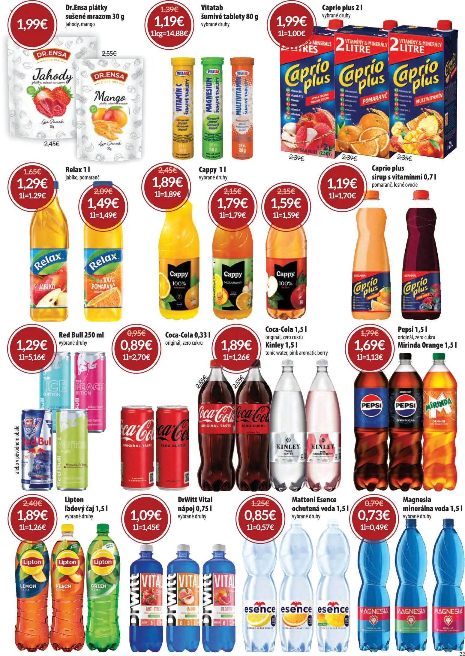 Nitrazdroj leták, strana 22 z 32 — Coca-Cola originál, zero cukru, Kinley tonic water, pink aromatic berry, Relax pomaranč