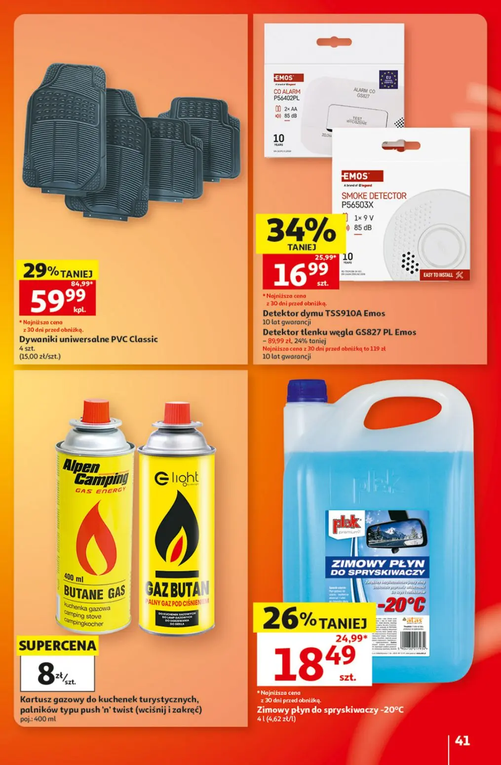 Auchan gazetka, strona 41 z 49 — Dywaniki uniwersalne PVC Classic, Detektor dymu TSS910A Emos, Zimowy płyn do spryskiwaczy -…