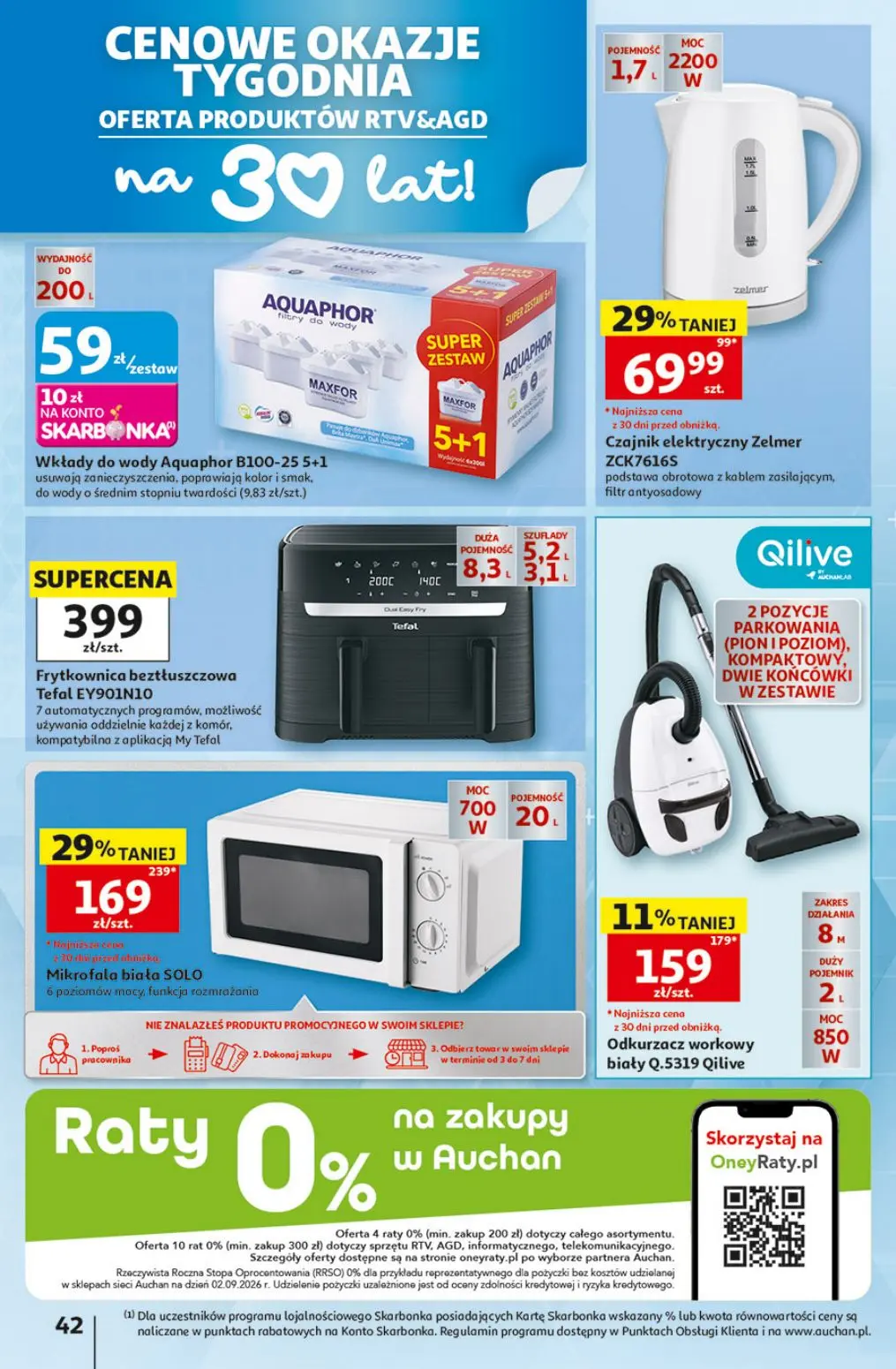 Auchan gazetka, strona 42 z 49 — Mikrofala biała SOLO, Czajnik elektryczny Zelmer ZCK7616S, Odkurzacz workowy biały Q.5319 Q…