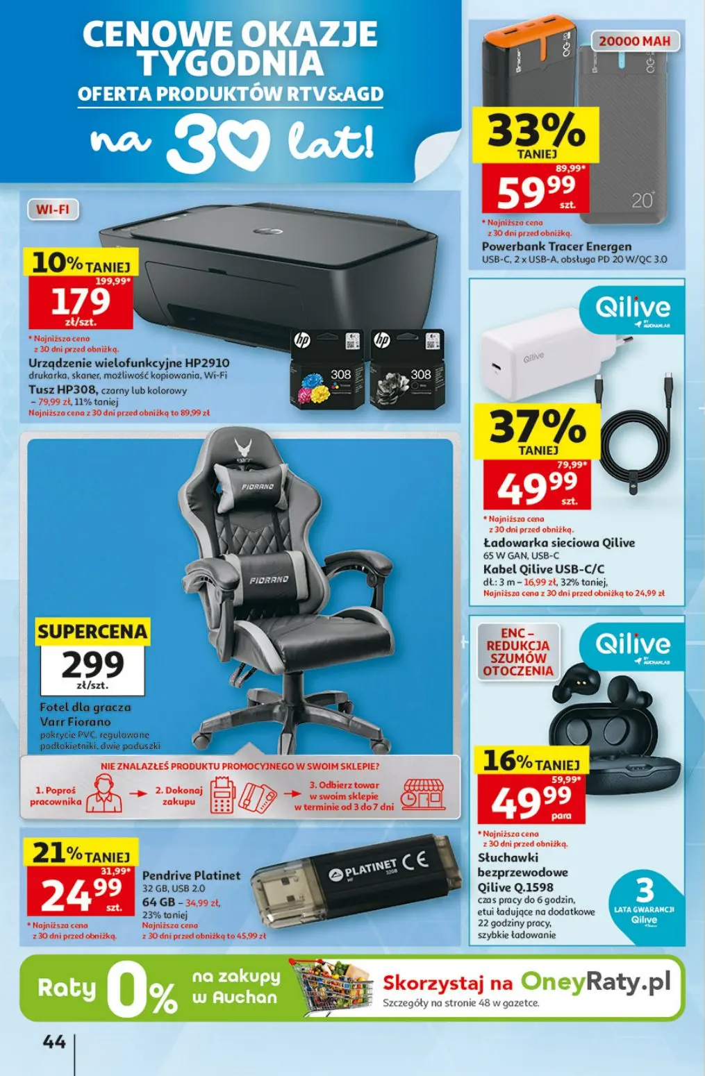 Auchan gazetka, strona 44 z 49 — Powerbank Tracer Energen USB-C, 2 x USB-A, obsługa PD 20 W/QC 3.0, Ładowarka sieciowa Qiliv…