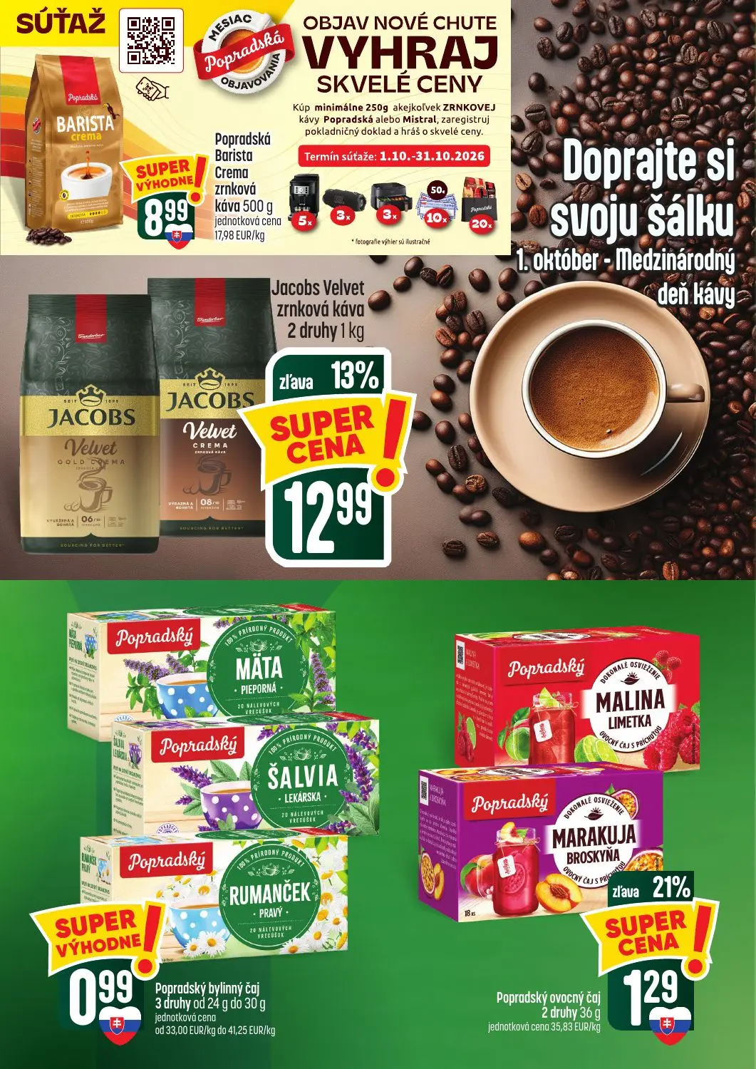 Coop Tempo leták, strana 45 z 62 — Jacobs Velvet zrnková káva, Popradský ovocný čaj MALINA LIMETKA, Popradský ovocný čaj MAR…