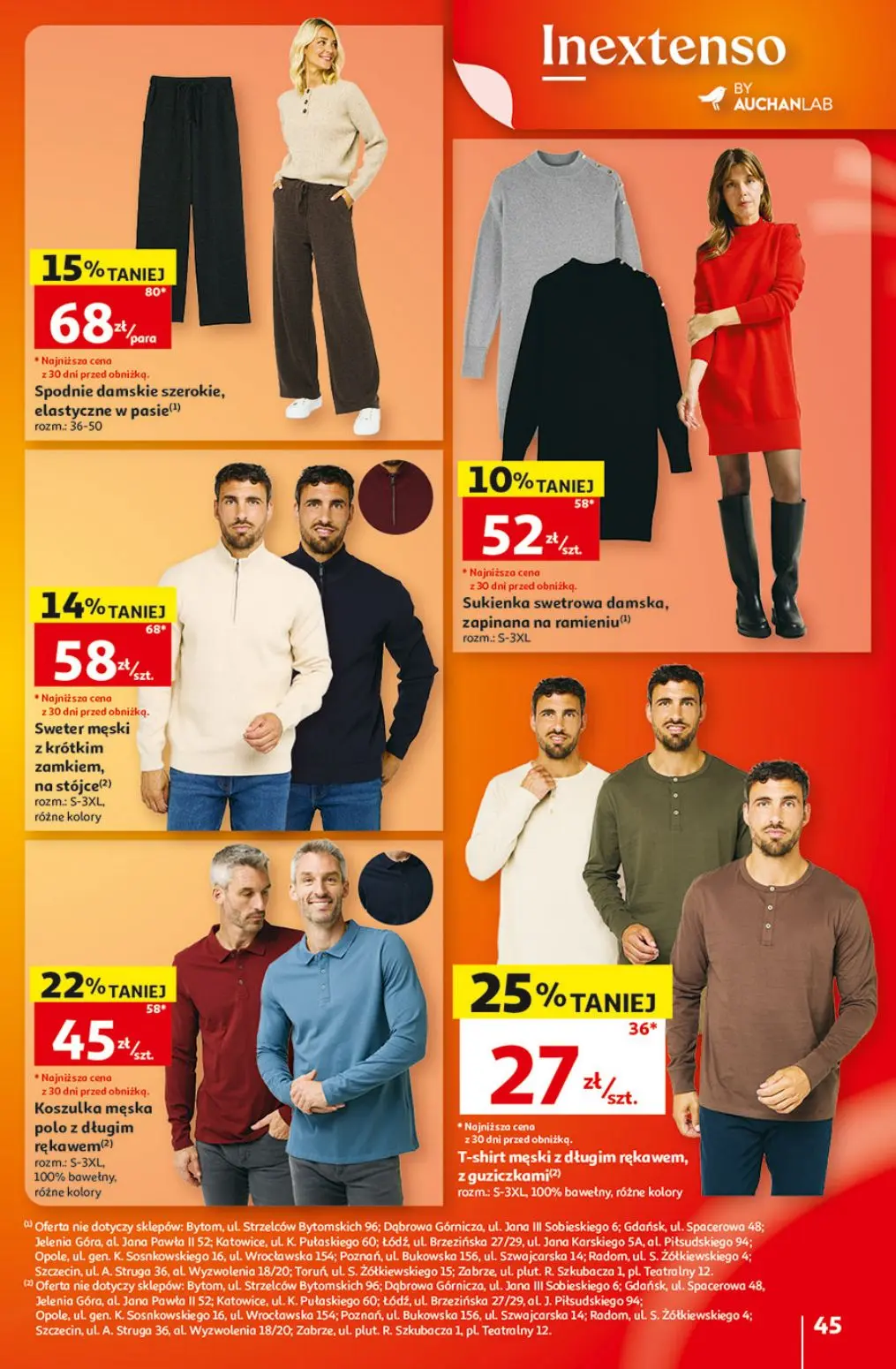 Auchan gazetka, strona 45 z 49 — Koszulka męska polo z długim rękawem, Spodnie damskie szerokie, elastyczne w pasie, Sweter …