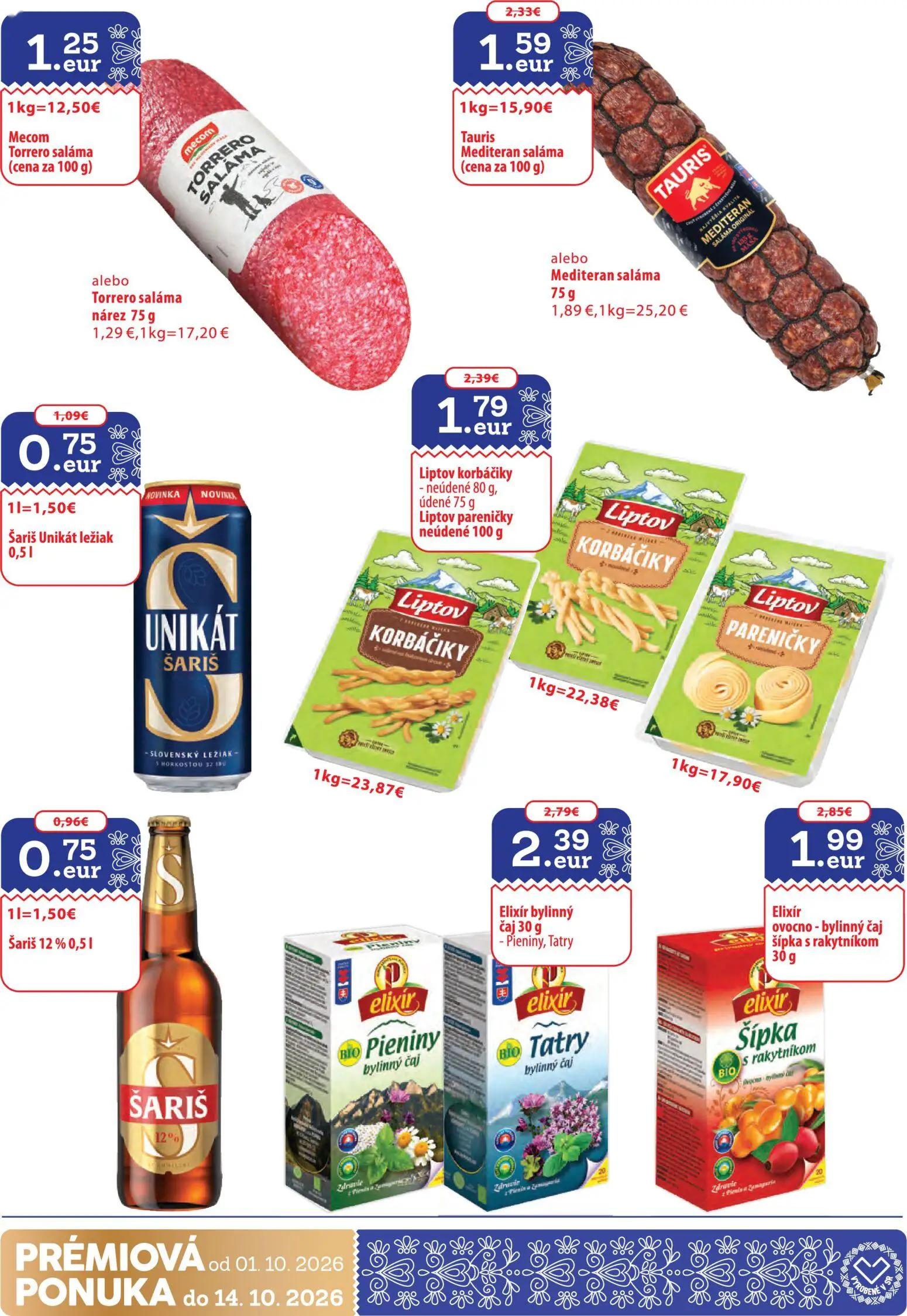 Nitrazdroj leták, strana 30 z 32 — Elixír ovocno - bylinný čaj šípka s rakytníkom, Mediteran saláma, Liptov korbáčiky - údené