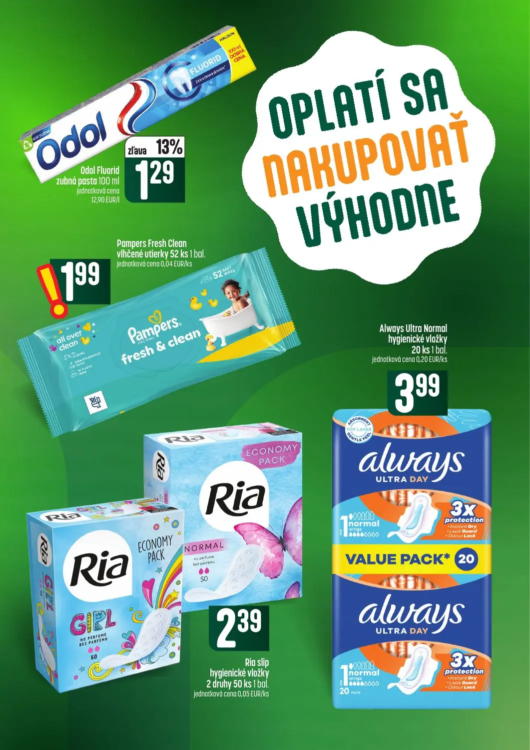 Coop Tempo leták, strana 57 z 62 — Odol Fluorid zubná pasta, Pampers Fresh Clean vlhčené utierky, Ria slip hygienické vložky