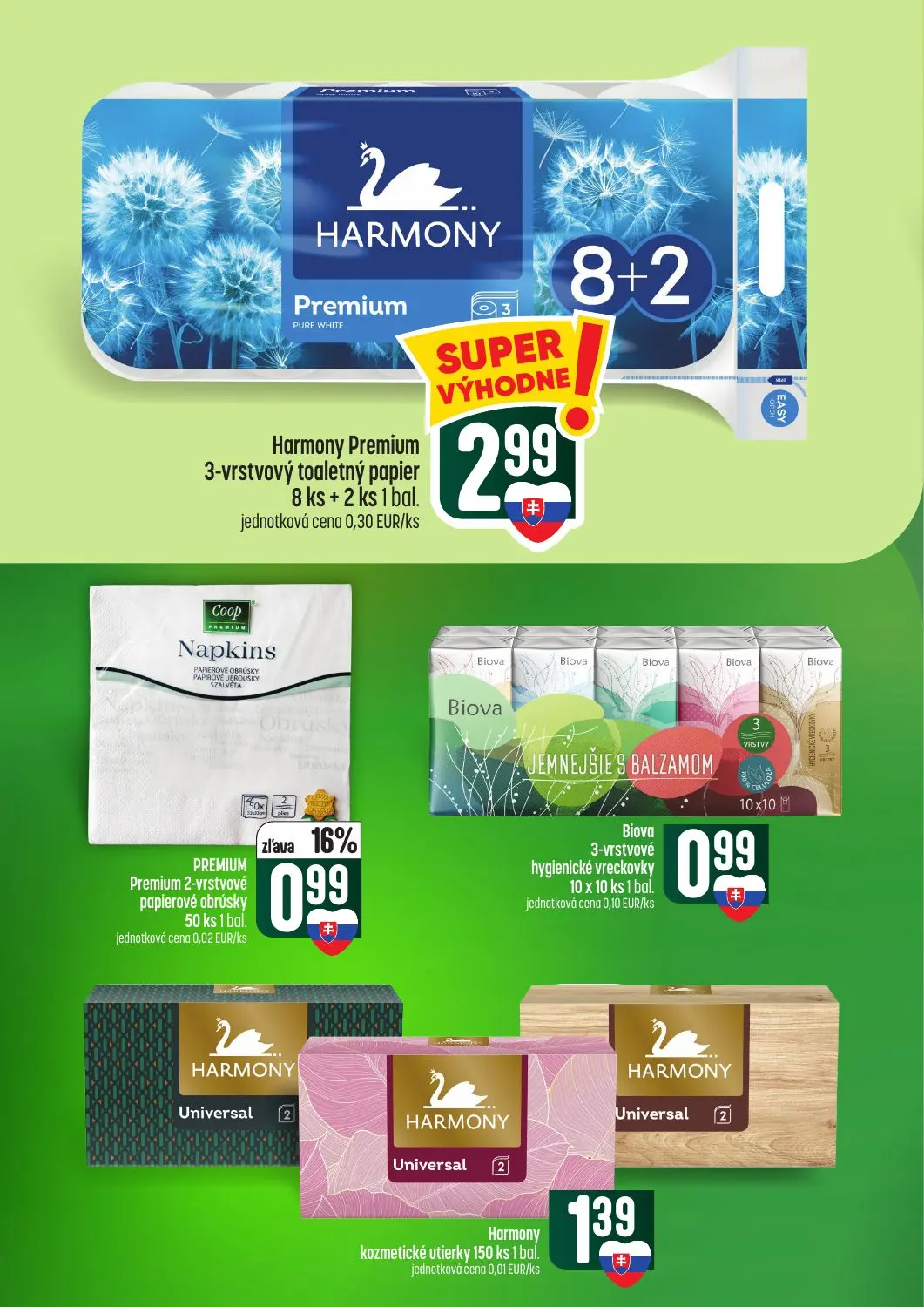 Coop Tempo leták, strana 58 z 62 — PREMIUM Premium 2-vrstvové papierové obrúsky, Harmony Premium 3-vrstvový toaletný papier,…