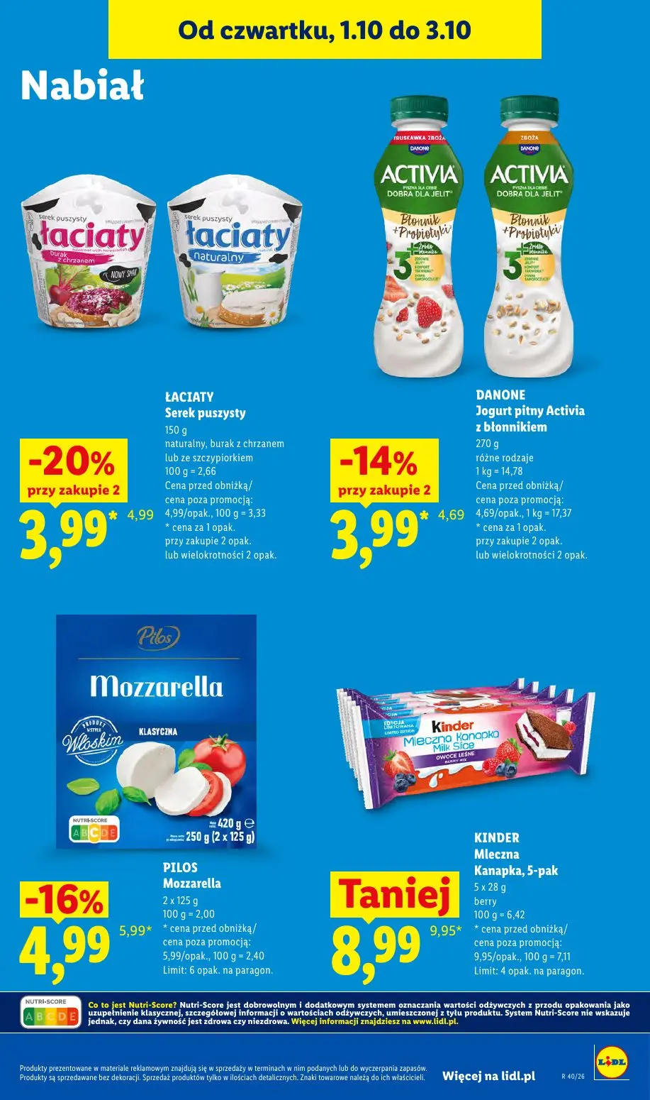 Lidl gazetka, strona 61 z 109 — ŁACIATY Serek puszysty, PILOS Mozzarella, KINDER Mleczna Kanapka