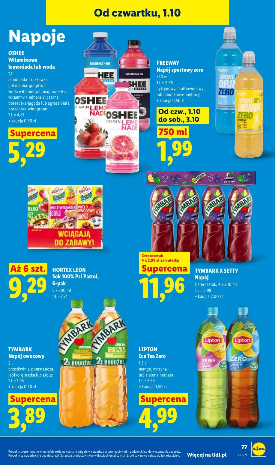 Lidl gazetka, strona 81 z 109 — OSHEE Witaminowa lemoniada lub woda, FREEWAY Napój sportowy zero, HORTEX LEON Sok 100% Psi P…