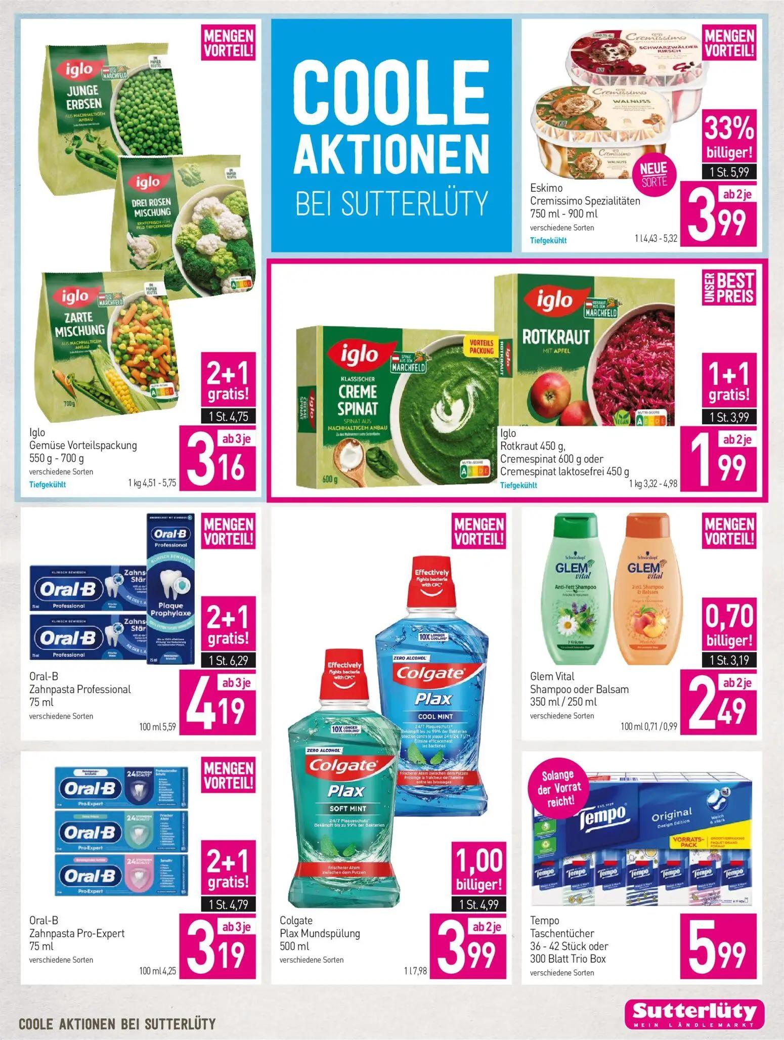 Sutterlüty Prospekt, Seite 15 von 16 — Eskimo Cremissimo Spezialitäten, Colgate Plax Mundspülung, Glem Vital Shampoo oder Ba…