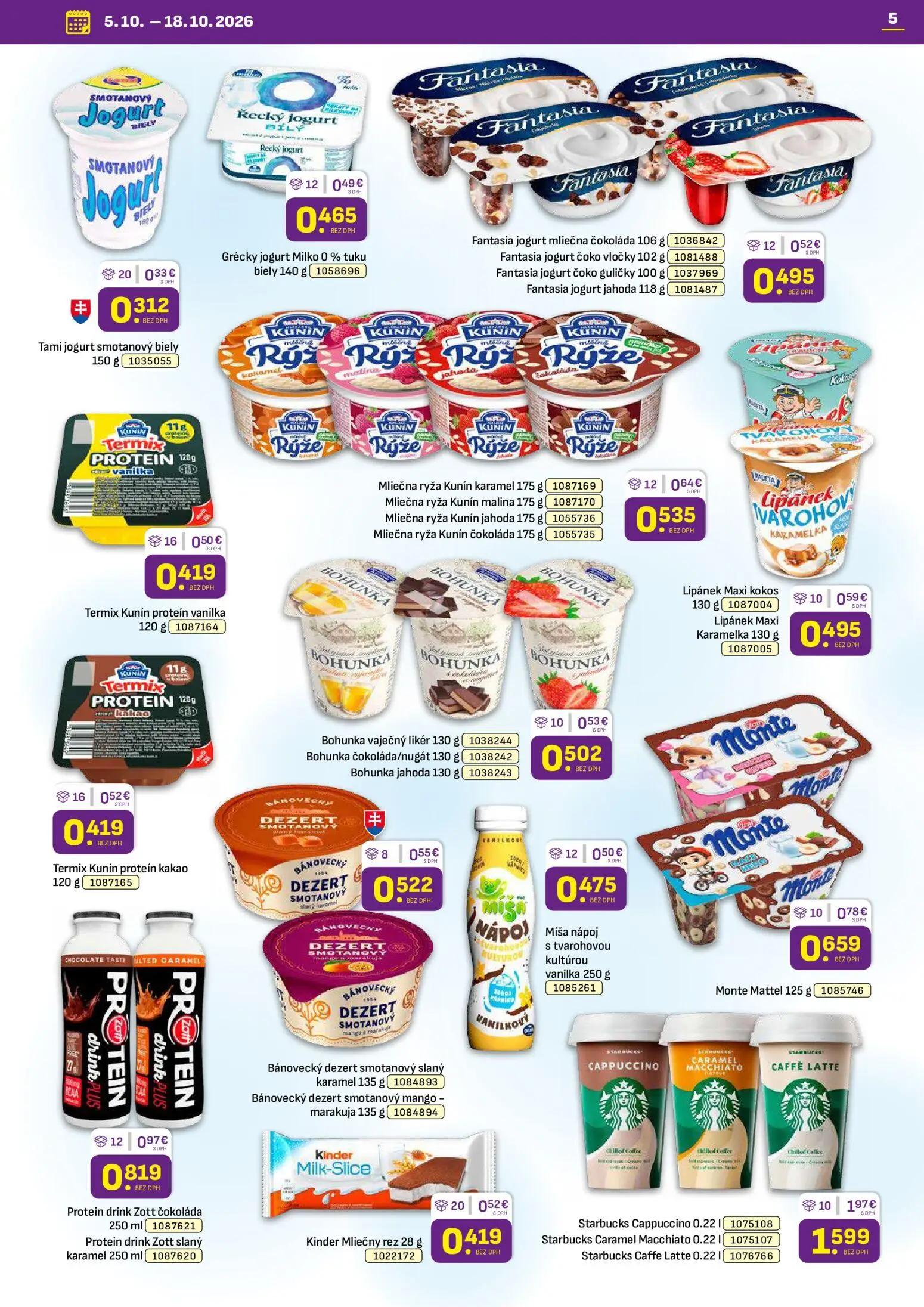 Libex leták, strana 5 z 40 — Tami jogurt smotanový biely, Grécky jogurt Milko 0 % tuku biely, Fantasia jogurt mliečna čokolá…