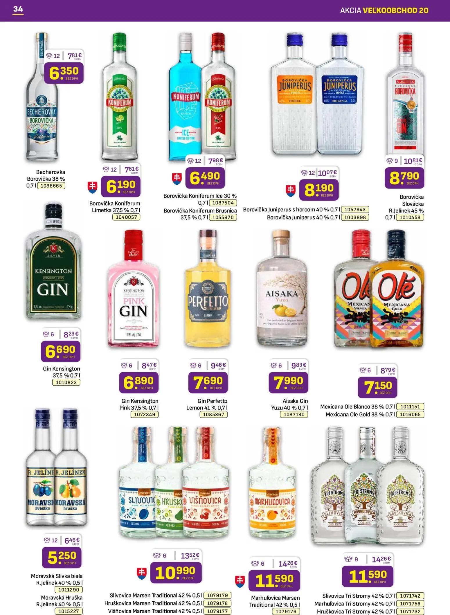 Libex leták, strana 34 z 40 — Becherovka Borovička 38%, Borovička Koniferum Limetka 37,5%, Borovička Koniferum Ice 30%