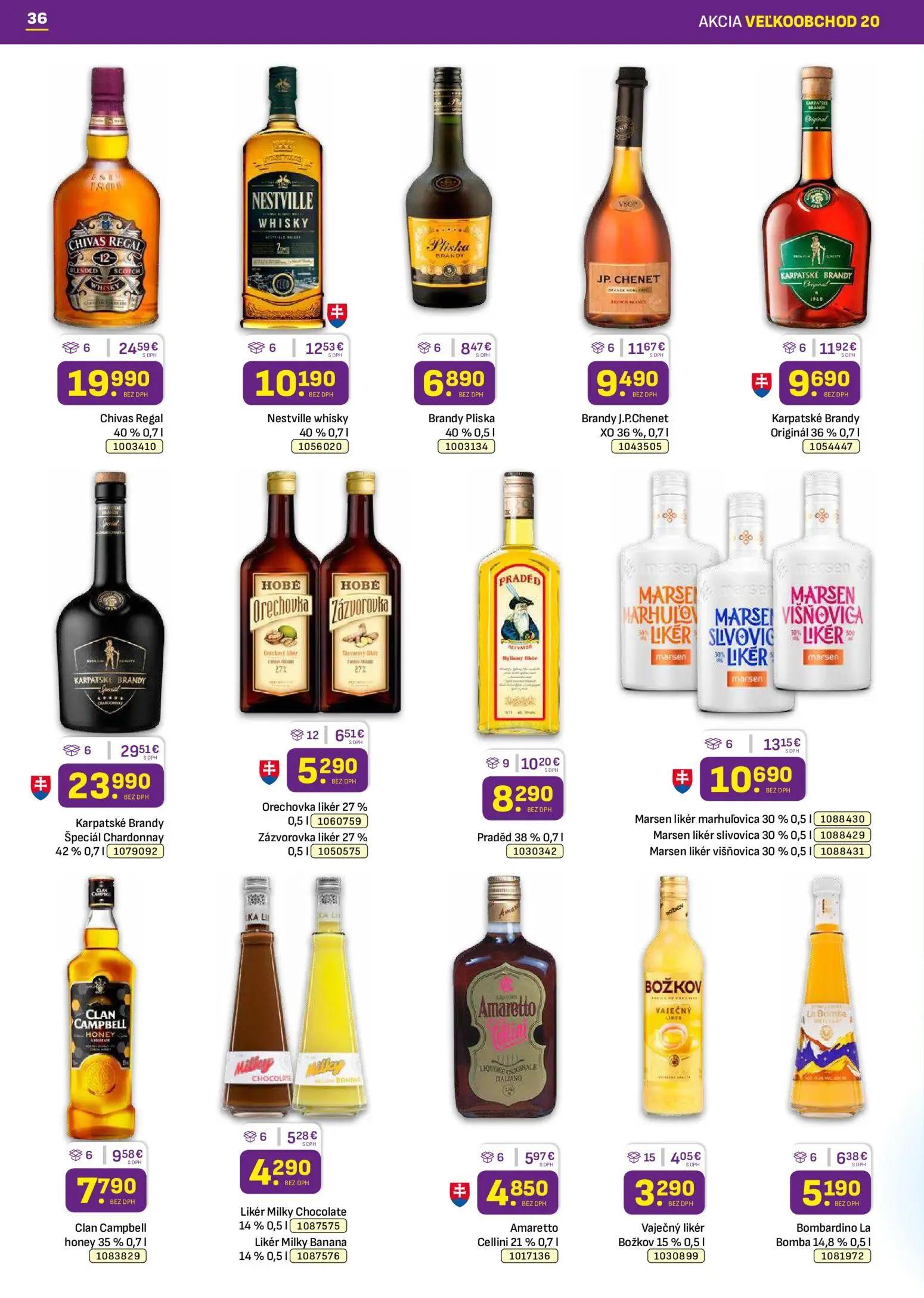 Libex leták, strana 36 z 40 — Karpatské Brandy Špeciál Chardonnay, Chivas Regal, Marsen likér marhuľovica