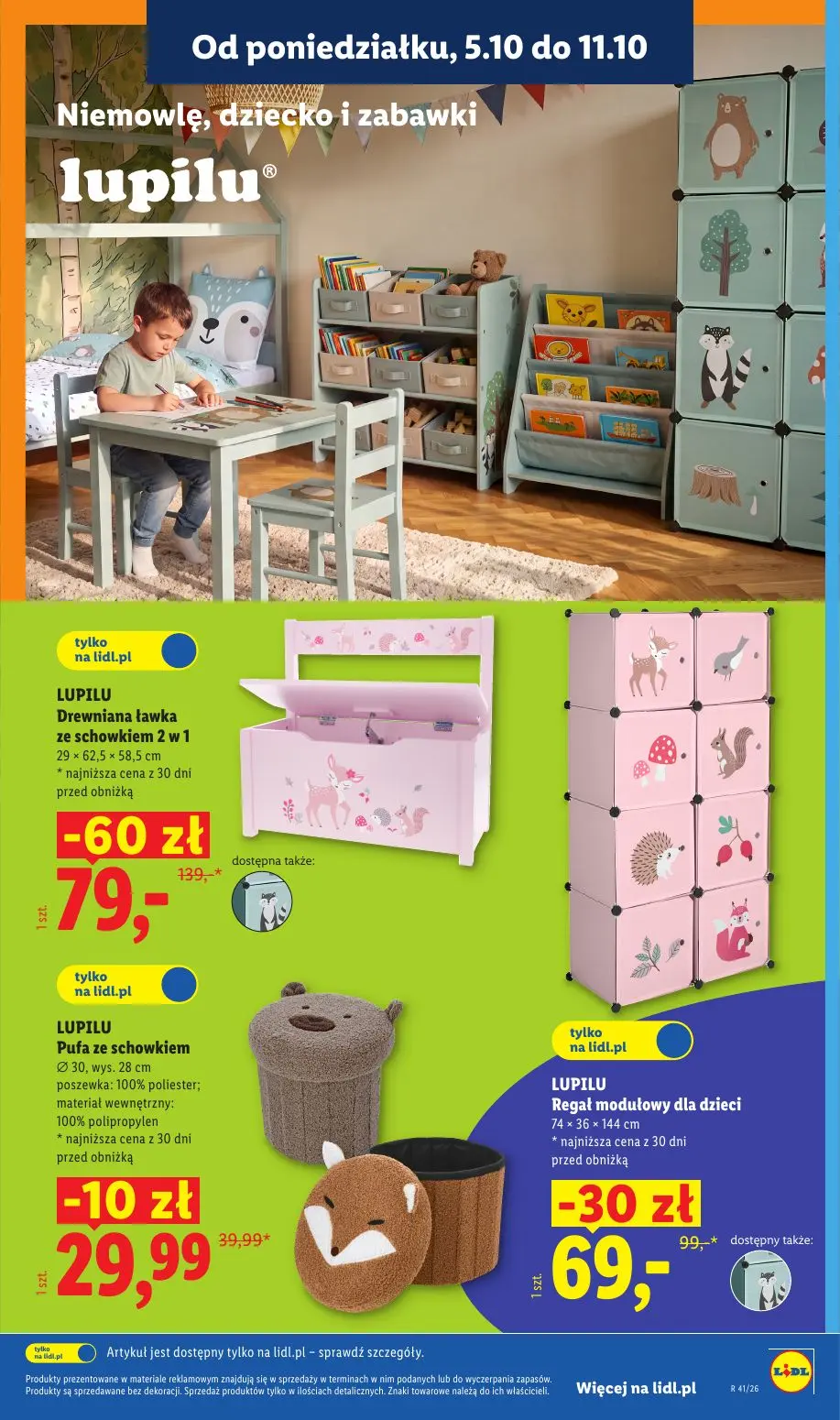 Lidl gazetka, strona 27 z 62 — LUPILU Drewniana ławka ze schowkiem 2 w 1, LUPILU Regał modułowy dla dzieci, LUPILU Pufa ze s…