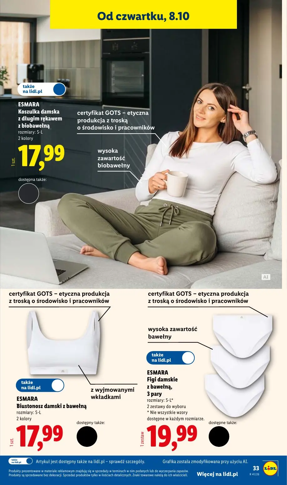 Lidl gazetka, strona 43 z 62 — ESMARA Koszulka damska z długim rękawem z biobawełną, ESMARA Biustonosz damski z bawełną, ESM…