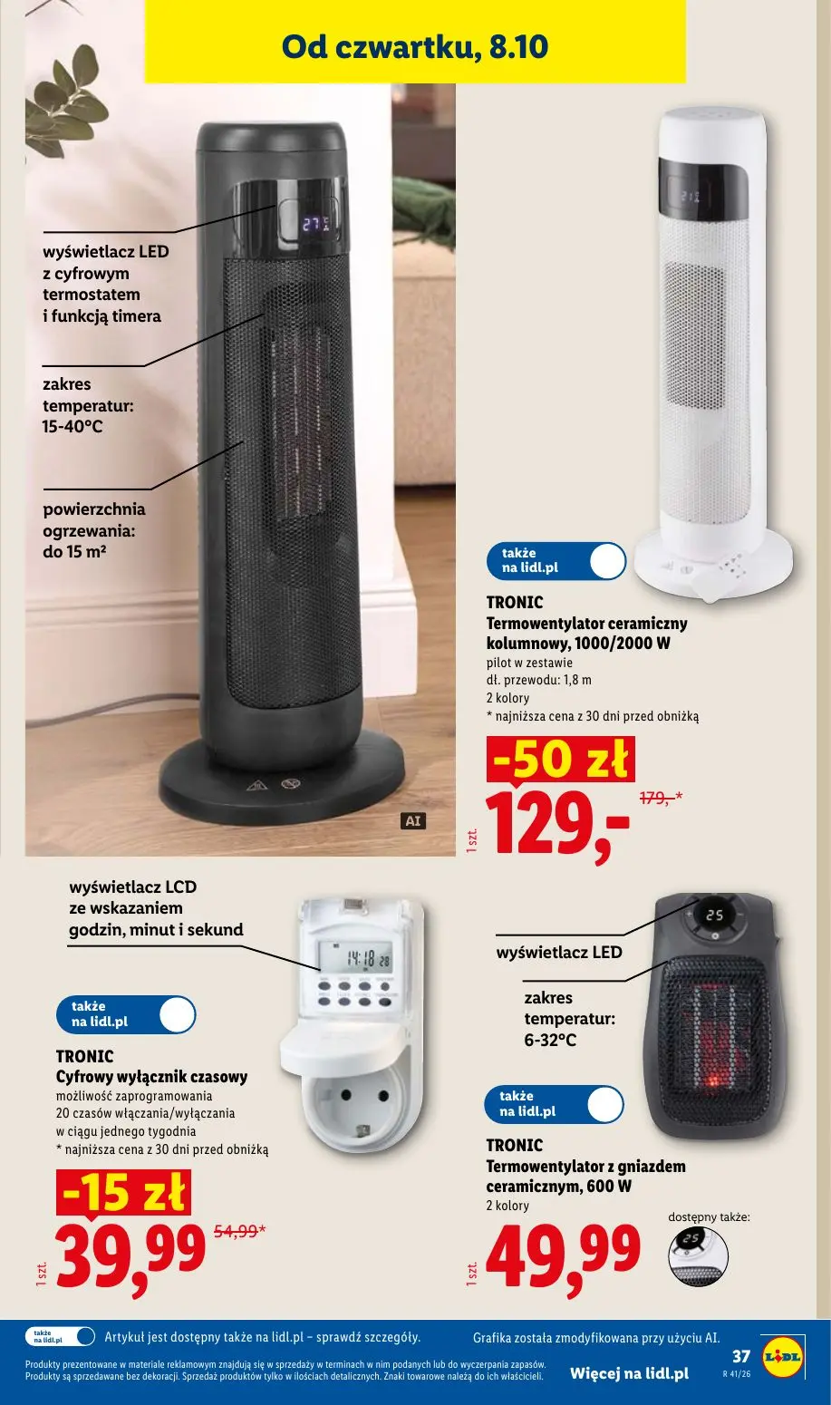 Lidl gazetka, strona 47 z 62 — TRONIC Termowentylator ceramiczny kolumnowy, 1000/2000 W, TRONIC Cyfrowy wyłącznik czasowy, T…