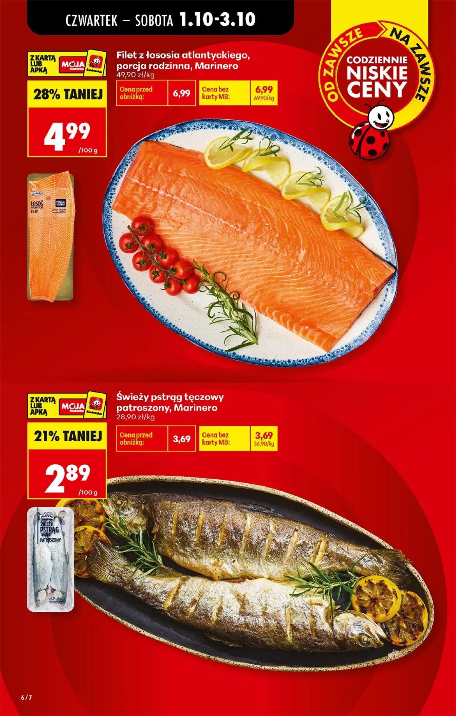 Biedronka gazetka, strona 6 z 94 — Filet z łososia atlantyckiego, porcja rodzinna, Marinero, Świeży pstrąg tęczowy patroszon…