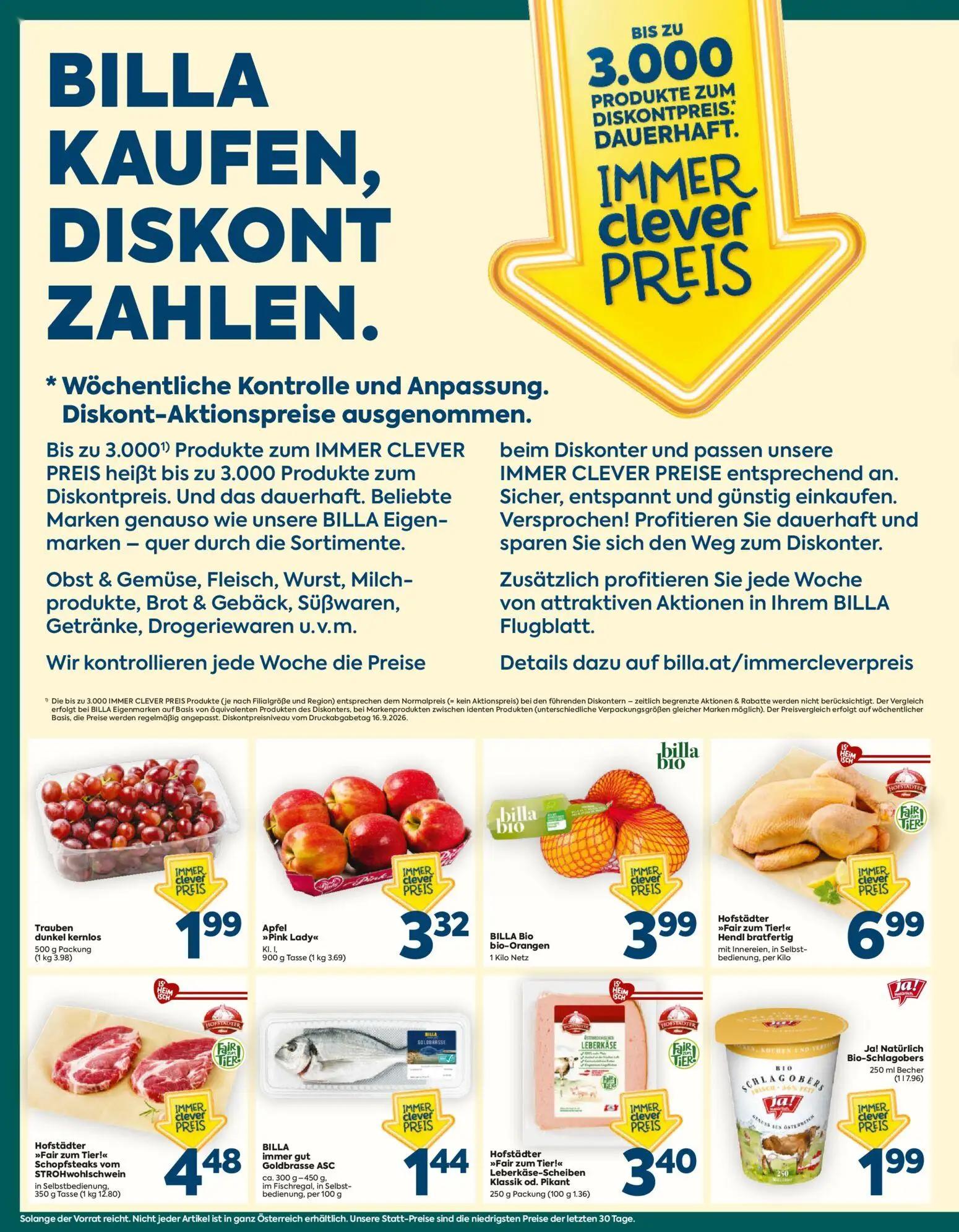 Billa Plus Prospekt, Seite 2 von 16 — Trauben dunkel kernlos, Apfel "Pink Lady", BILLA Bio bio-Orangen