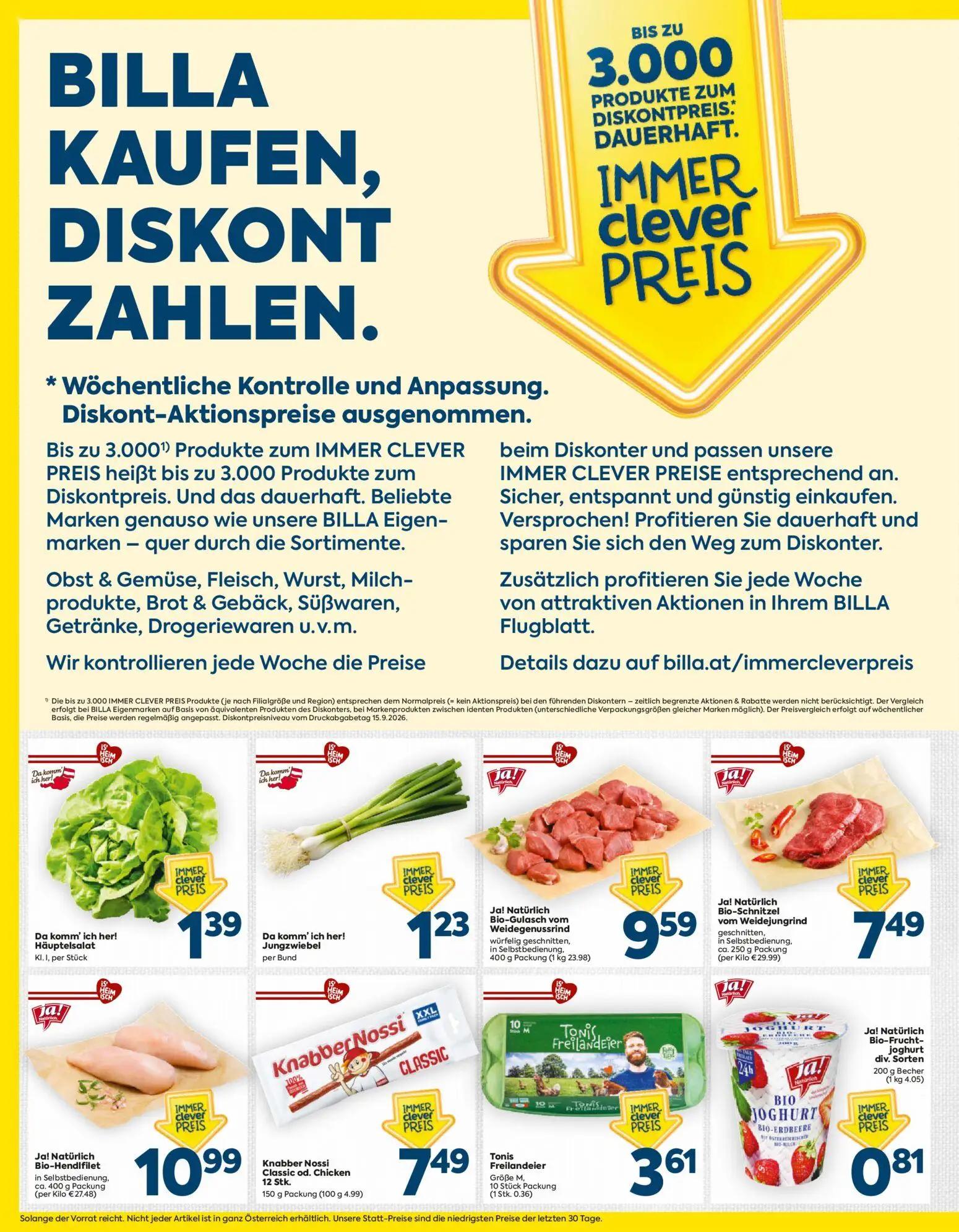 Billa Prospekt, Seite 2 von 16 — Häuptelsalat Kl. 1, per Stück, Jungzwiebel per Bund, Ja! Natürlich Bio-Gulasch vom Weidegen…