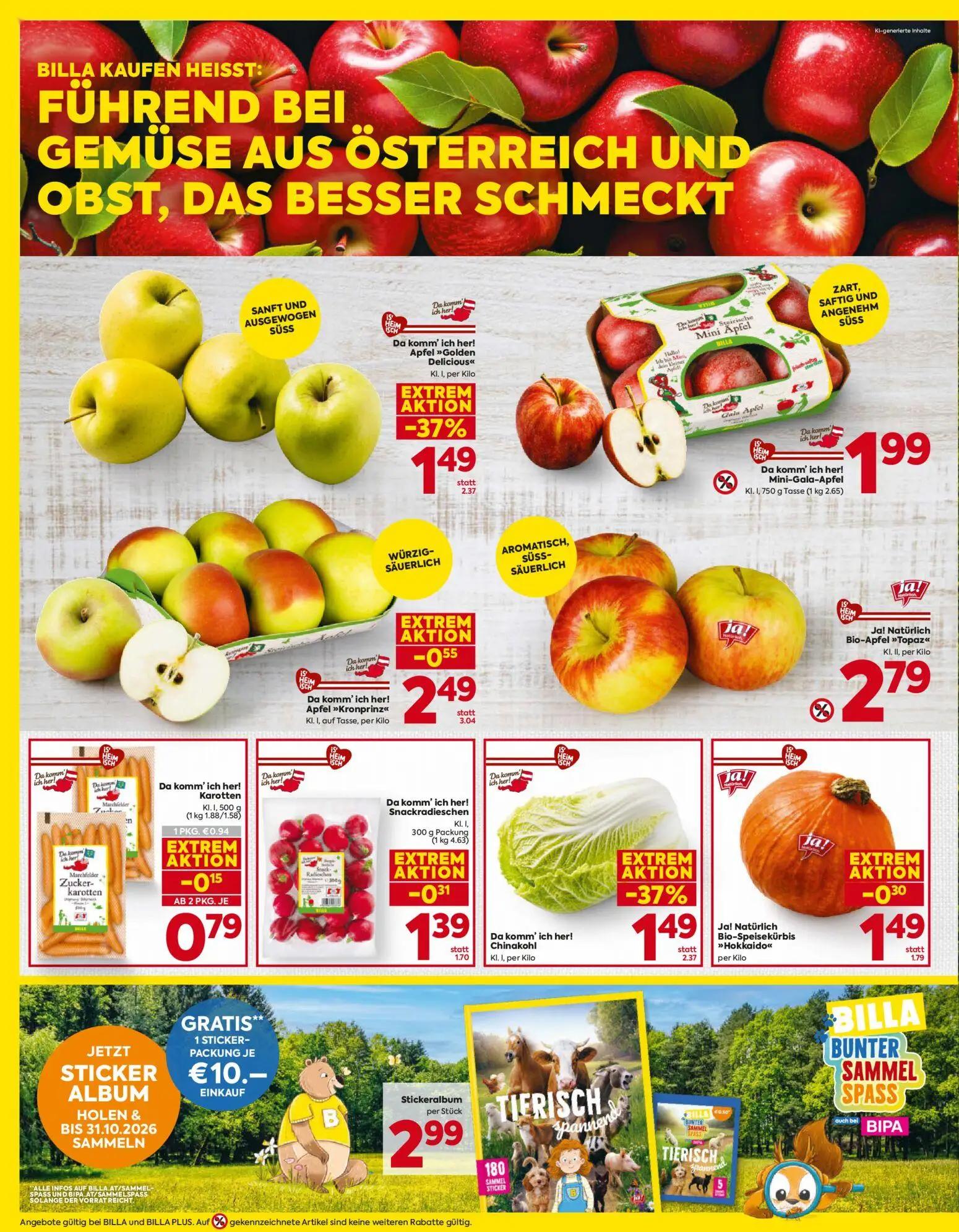 Billa Prospekt, Seite 4 von 16 — Apfel "Golden Delicious", Chinakohl, Apfel "Kronprinz"