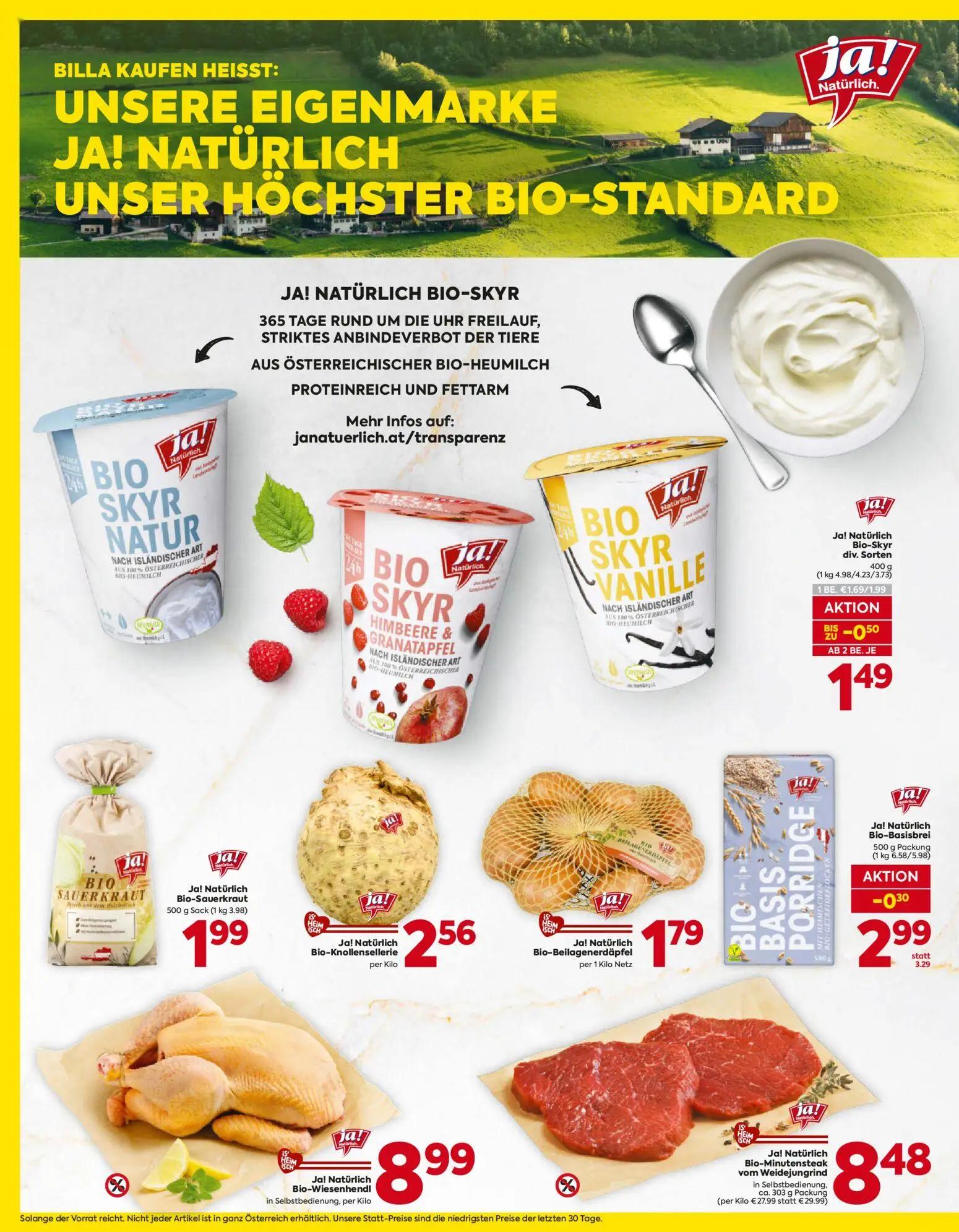 Billa Prospekt, Seite 6 von 16 — Bio-Minutensteak vom Weidejungrind, Bio-Skyr div. Sorten, Bio-Basisbrei