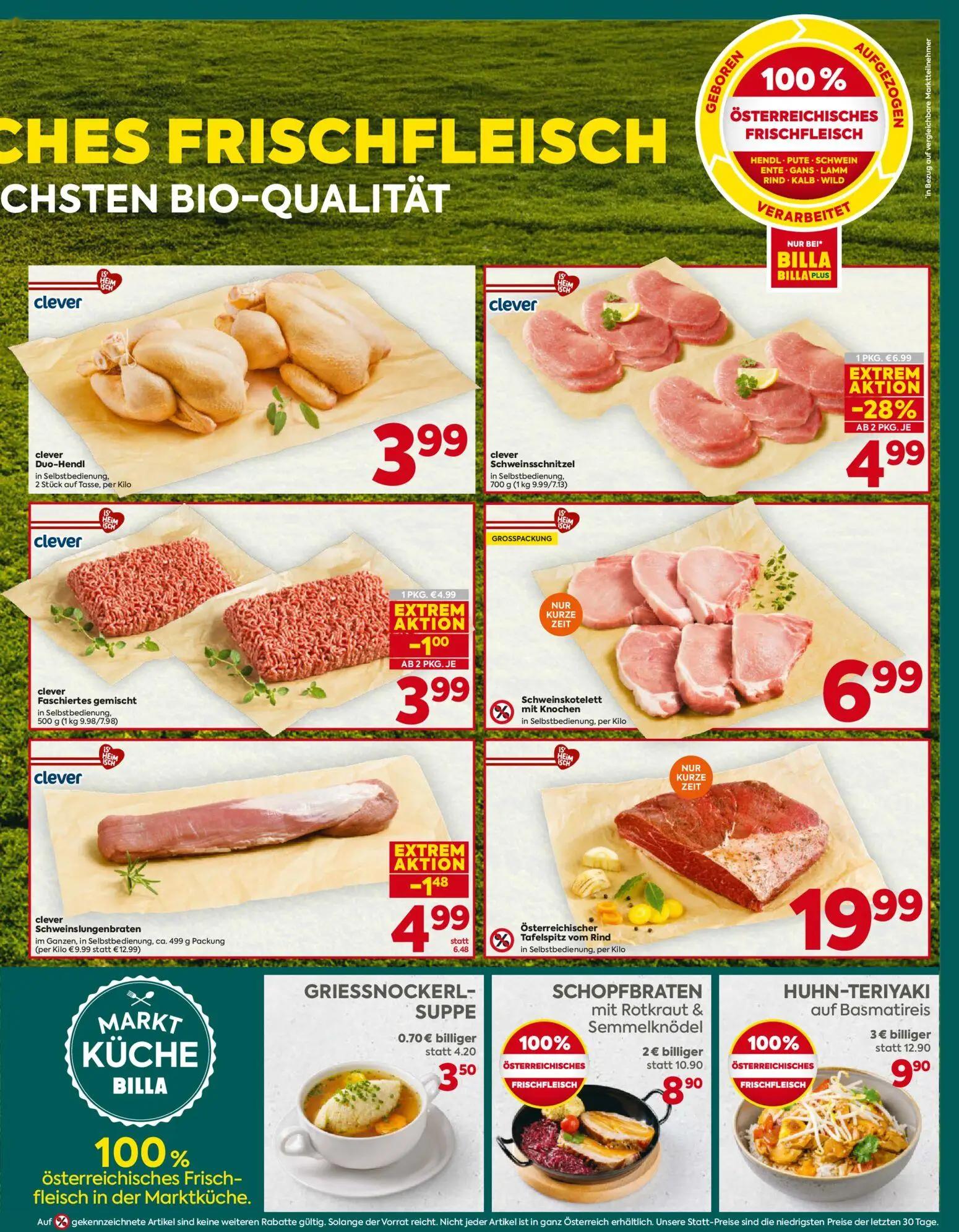 Billa Plus Prospekt, Seite 7 von 16 — HUHN-TERIYAKI auf Basmatireis, clever Schweinsschnitzel, SCHOPFBRATEN mit Rotkraut & S…