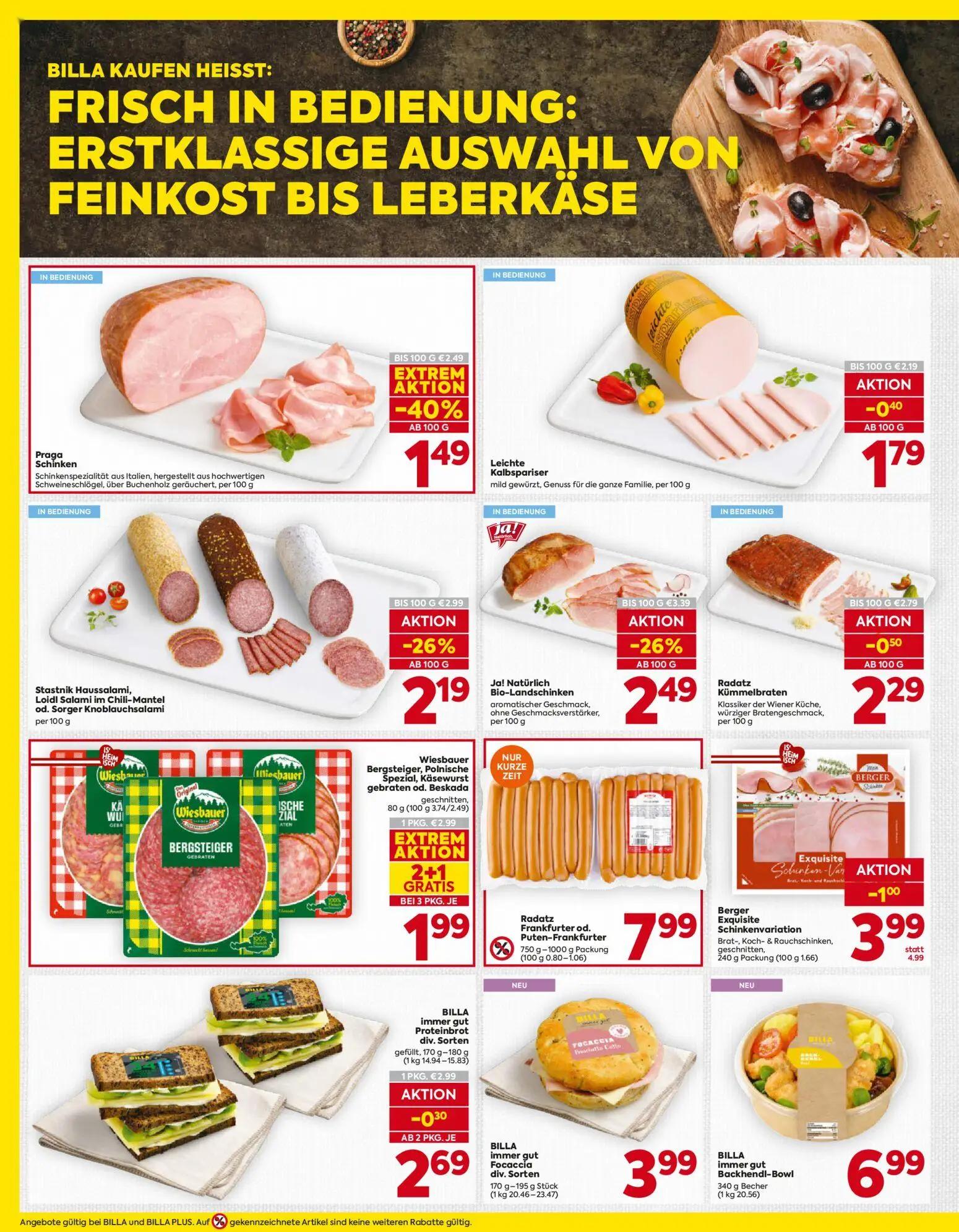Billa Prospekt, Seite 8 von 16 — Praga Schinken, Wiesbauer Bergsteiger, Polnische Spezial, Käsewurst, Berger Exquisite Schin…