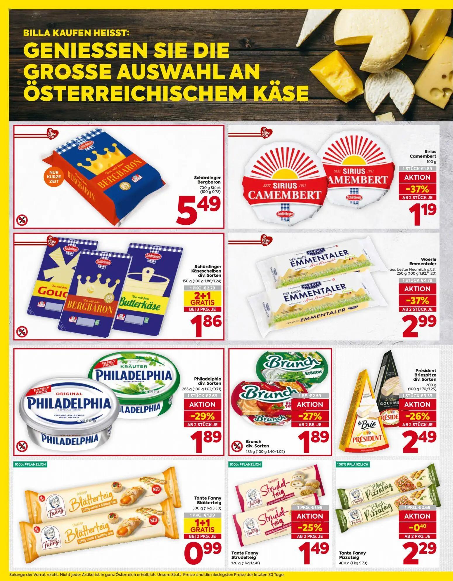 Billa Prospekt, Seite 10 von 16 — Woerle Emmentaler, Tante Fanny Blätterteig, Schärdinger Käsescheiben div. Sorten