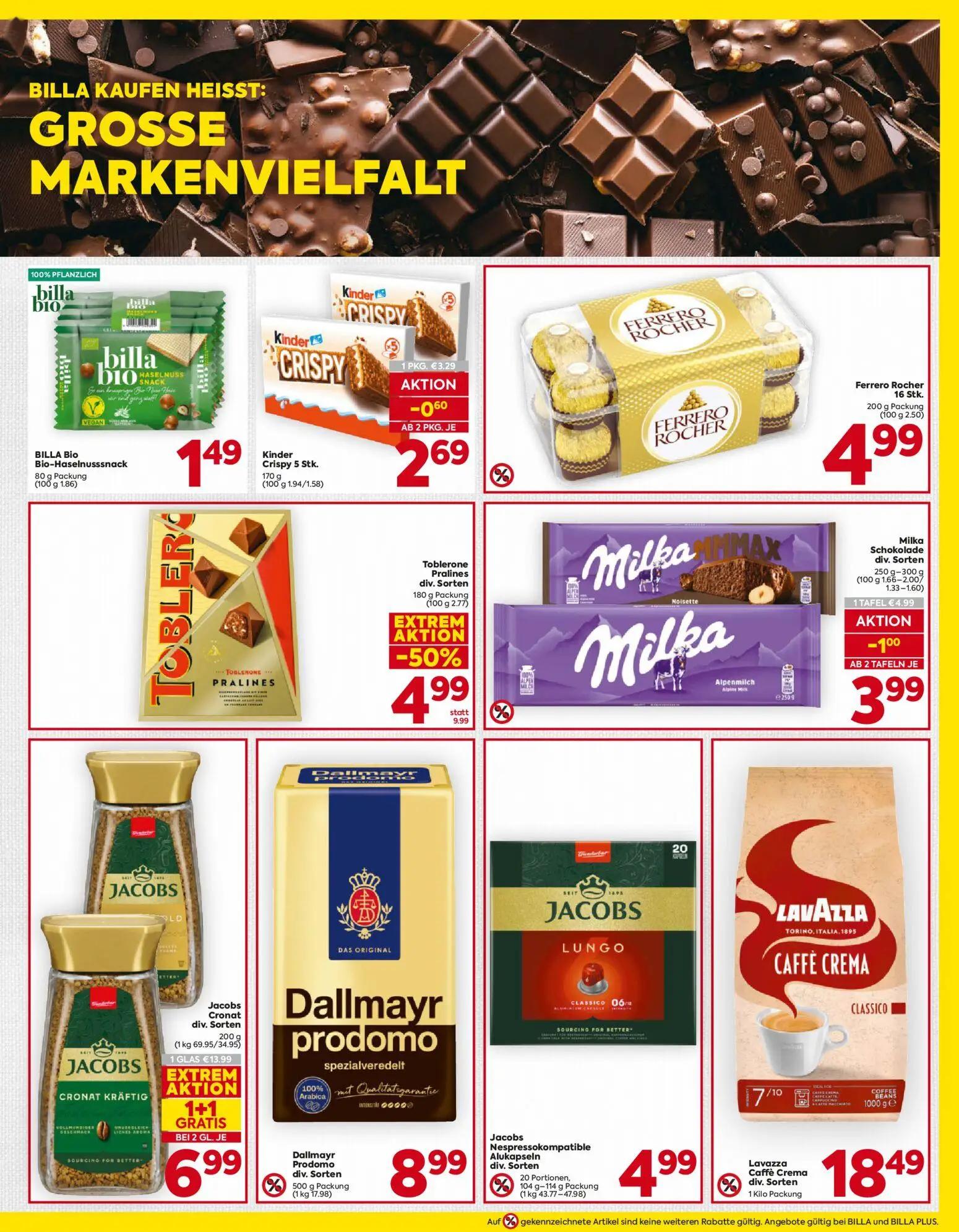 Billa Prospekt, Seite 13 von 16 — Jacobs Cronat div. Sorten, Toblerone Pralines div. Sorten, Milka Schokolade div. Sorten
