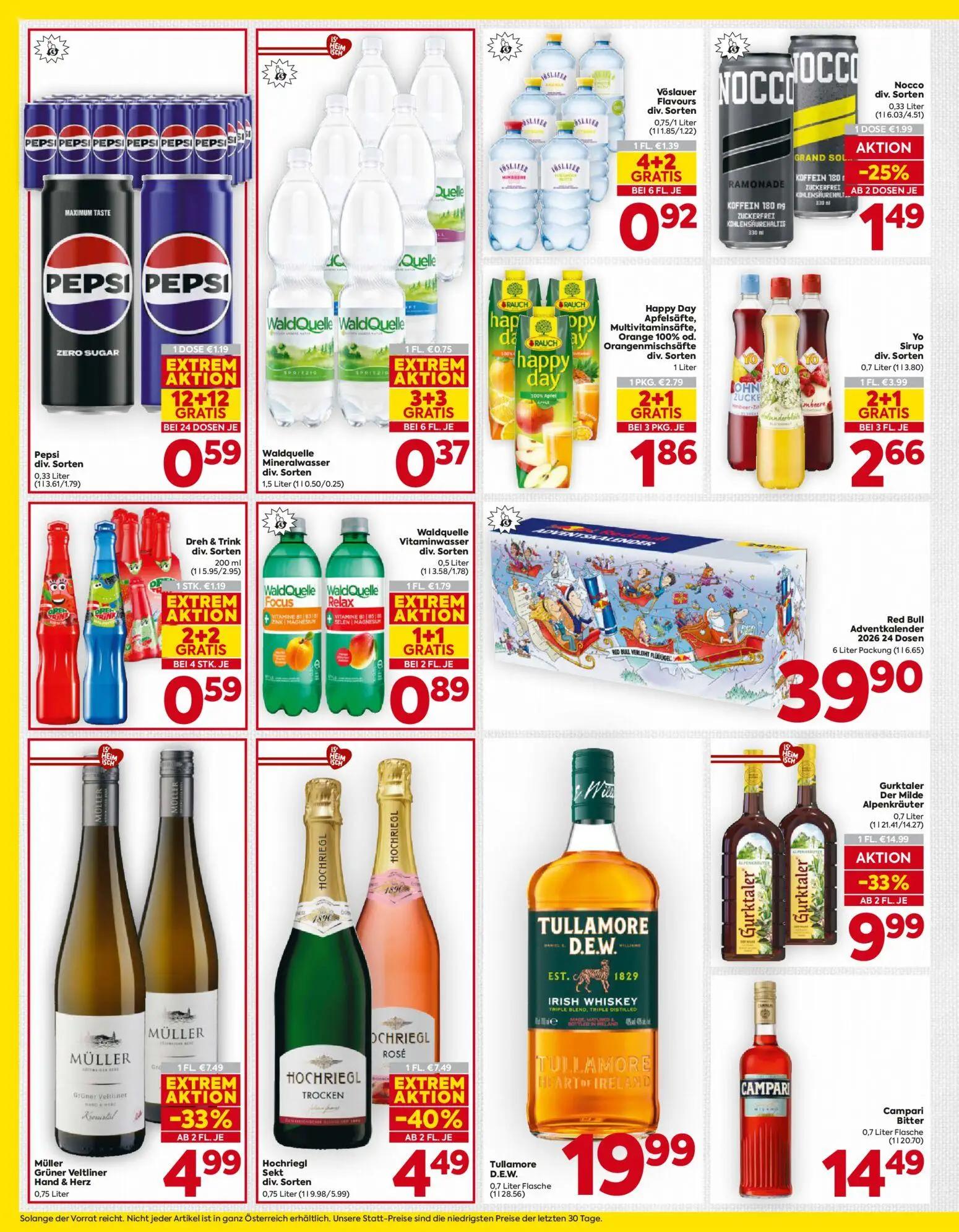 Billa Prospekt, Seite 14 von 16 — Gurktaler Der Milde Alpenkräuter, Hochriegl Sekt div. Sorten, Müller Grüner Veltliner Hand…