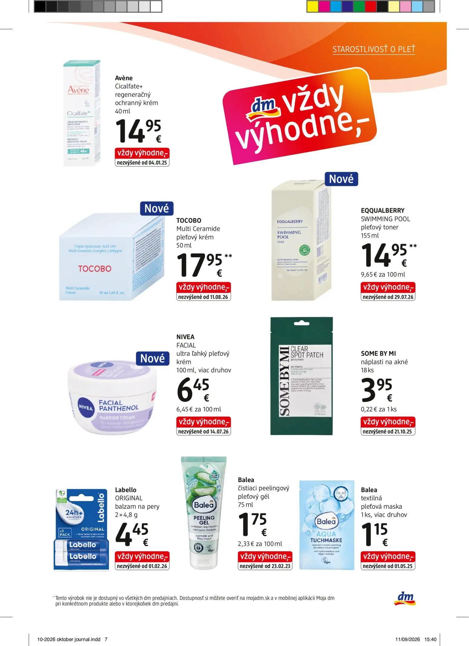 DM Drogerie leták, strana 7 z 32 — Avène Cicalfate+ regeneračný ochranný krém, TOCOBO Multi Ceramide pleťový krém, EQQUALBER…