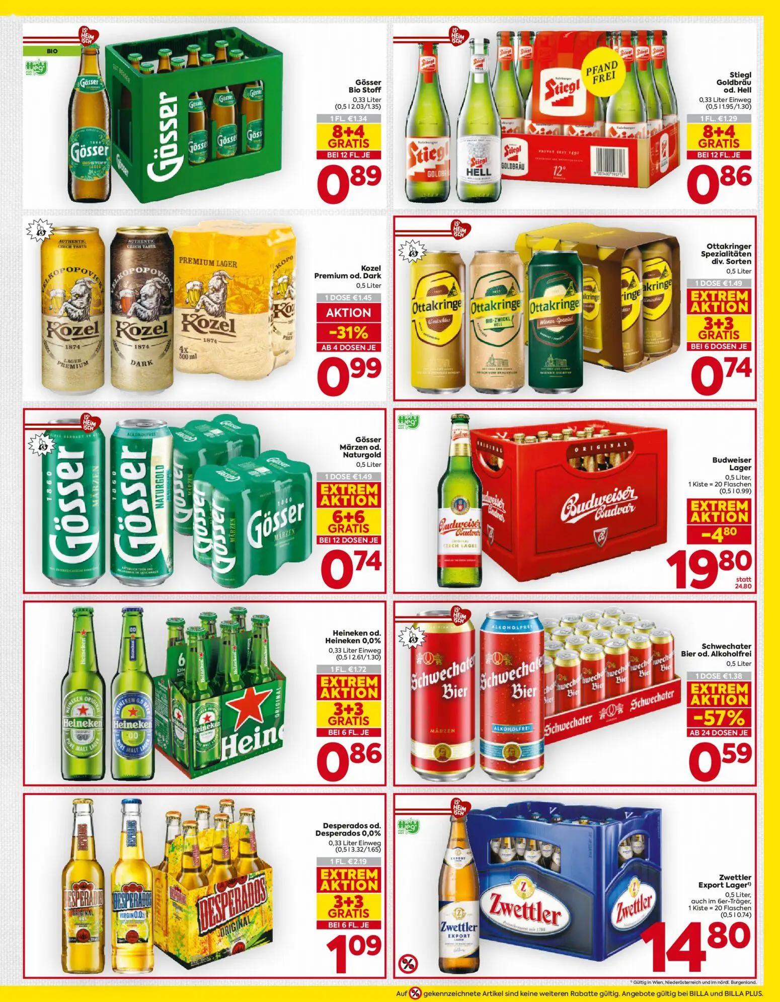 Billa Prospekt, Seite 15 von 16 — Budweiser Lager, Schwechater Bier od. Alkoholfrei, Kozel Premium od. Dark