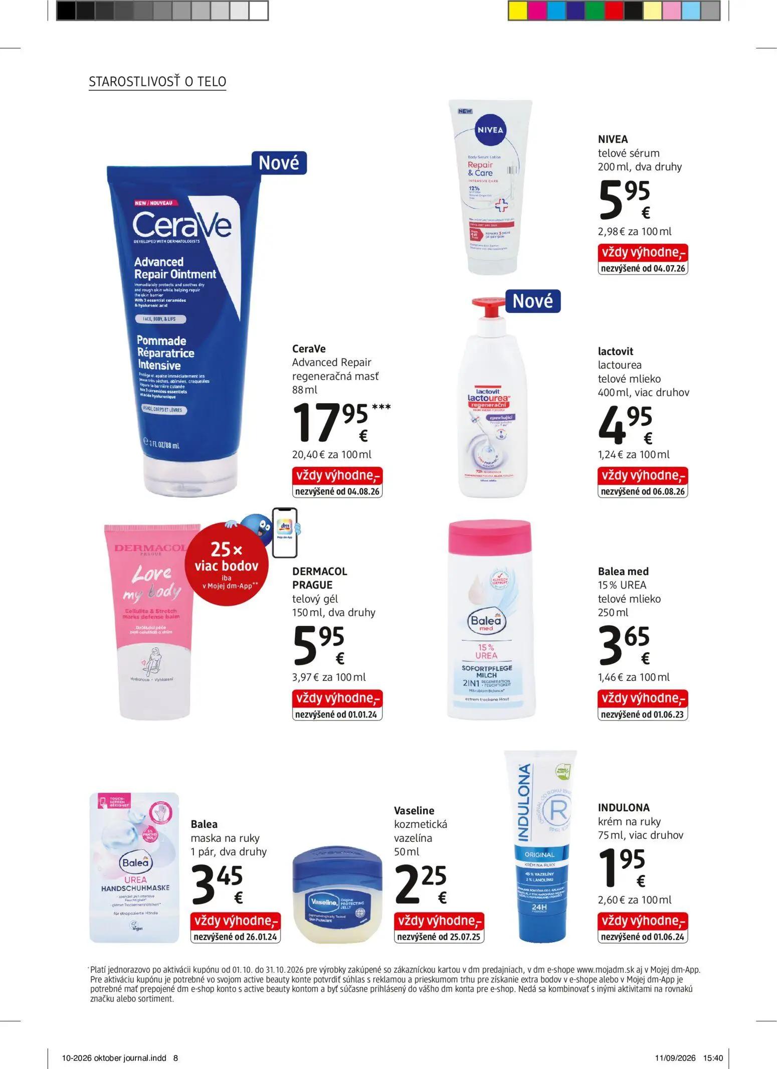 DM Drogerie leták, strana 8 z 32 — NIVEA telové sérum, CeraVe Advanced Repair regeneračná masť, lactovit lactourea telové ml…