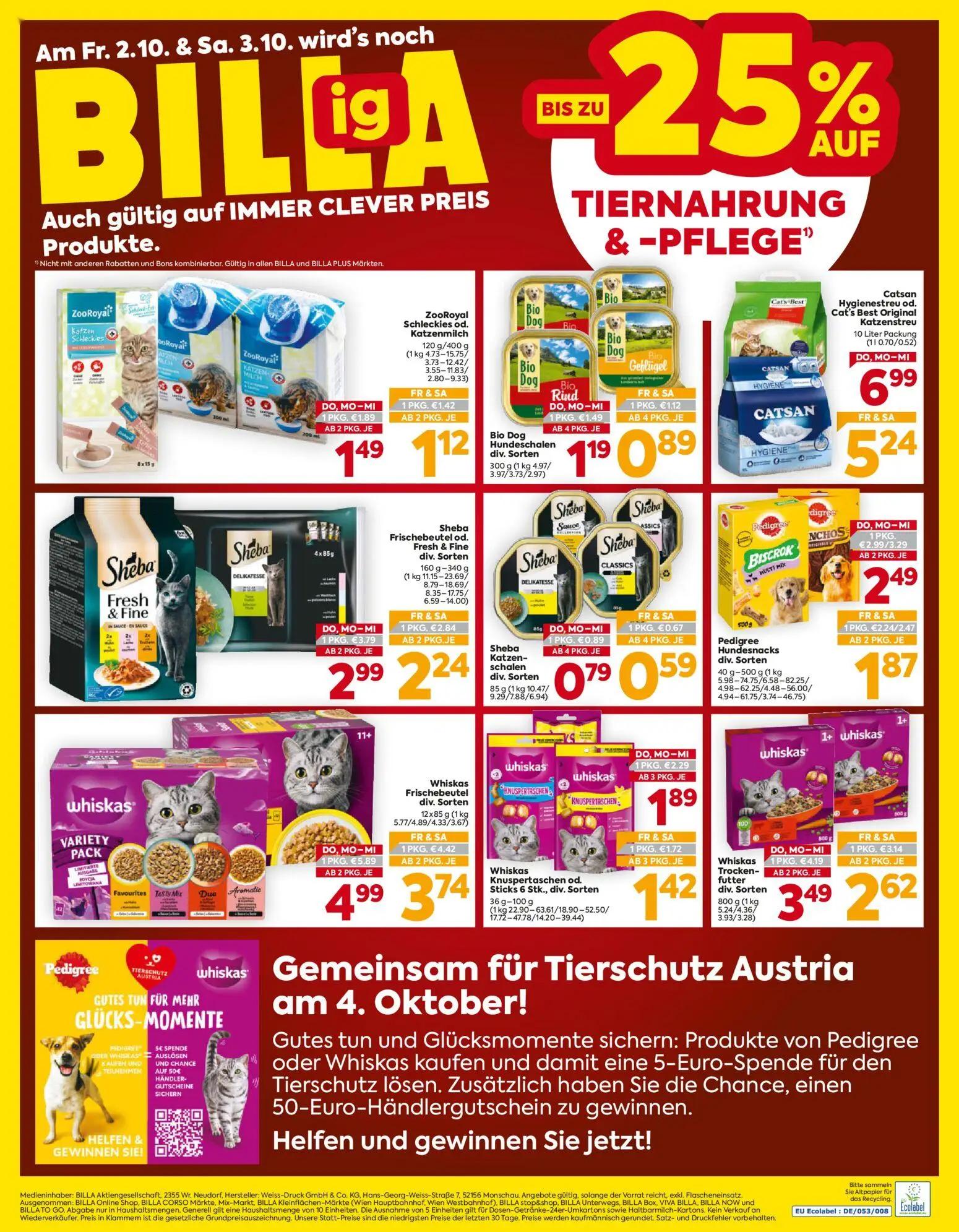 Billa Prospekt, Seite 16 von 16 — Whiskas Frischebeutel div. Sorten, Catsan Hygienestreu od. Cat's Best Original Katzenstreu…