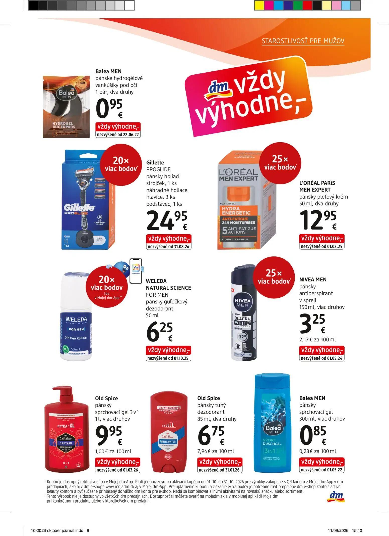 DM Drogerie leták, strana 9 z 32 — Balea MEN pánske hydrogélové vankúšiky pod oči 1 pár, dva druhy, Gillette PROGLIDE pánsky…
