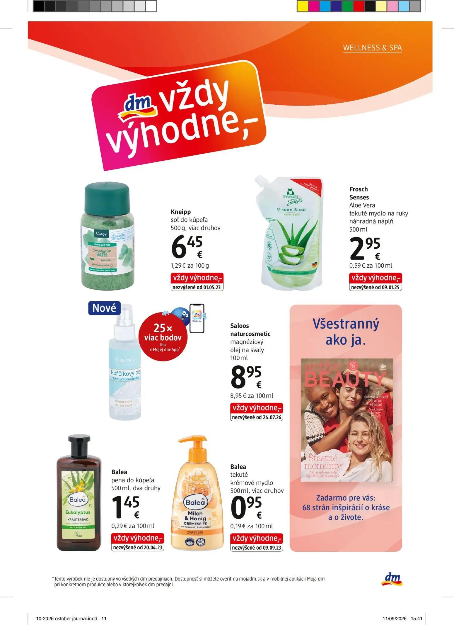 DM Drogerie leták, strana 11 z 32 — Kneipp soľ do kúpeľa, Frosch Senses Aloe Vera tekuté mydlo na ruky náhradná náplň, Saloo…